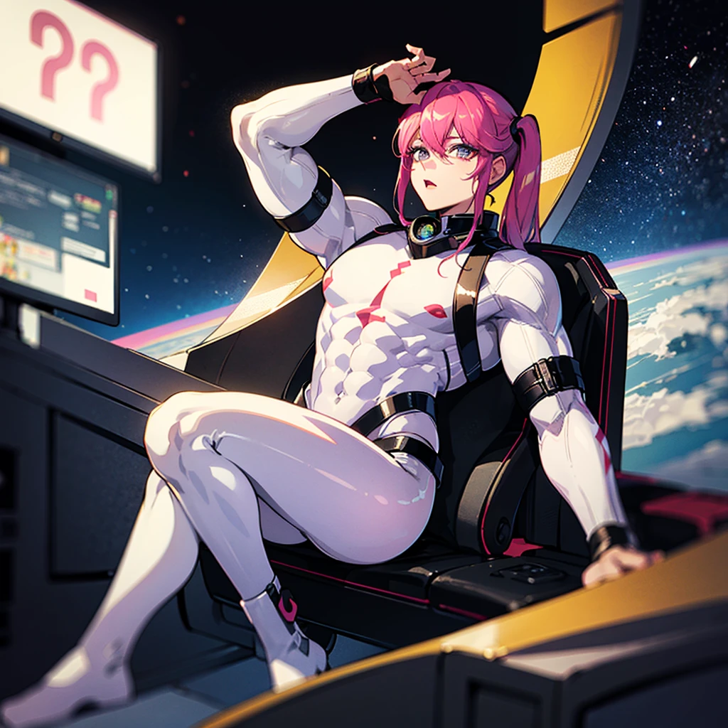 (((masterpiece)))、(((Top image quality)))、(((top-quality)))、((Illustration of one adult))、full bodyesbian、((25-years old))、((25-years old))、(((The face is a woman、The body is a man)))、(((Twintails with pink hair)))、Light gray eyes、((Tall))、((Flat))、((Muscular strong man's body))、((Muscular strong man's body))、(((solid chest)))、((muscular chest plate))、abdominals、((muscular and thick arms))、((muscular and thick legs))、((manspreading))、(((White pilot suit)))、((Sitting in the cockpit))、(The Universe on the Monitor、Earth seen from space、Spaceport)