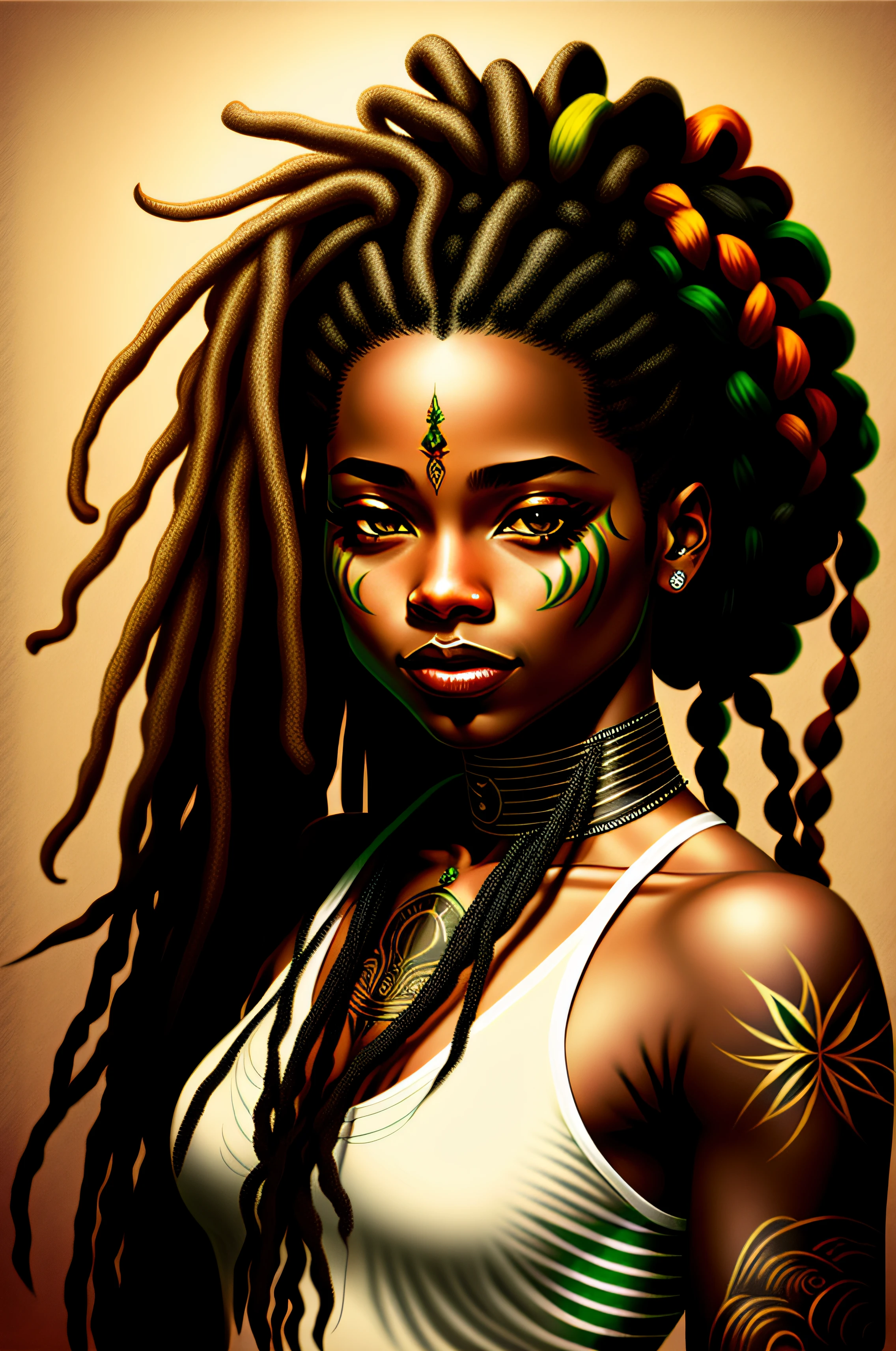 surrealistic, colourfull, 1 femme, redhead, beau, Goddess of cannabis, cannabis, Goddess of marijuana, robe de feuille de marijuana, premier quality, Super production, rich in detail, (8k), Paysage divin, Imagine a 30-year-old Afro superhero in a Spider-Man-style uniform with cannabis-themed colors (vert, noir, blanc, Or, argent, et bronzage). Her flowing afro hair has green and gold strands. The background is enigmatic, avec des feuilles de cannabis flottantes. Highly detailed and realistic Full HD 3D art captures his dynamic pose and purposeful expression. --auto --s2