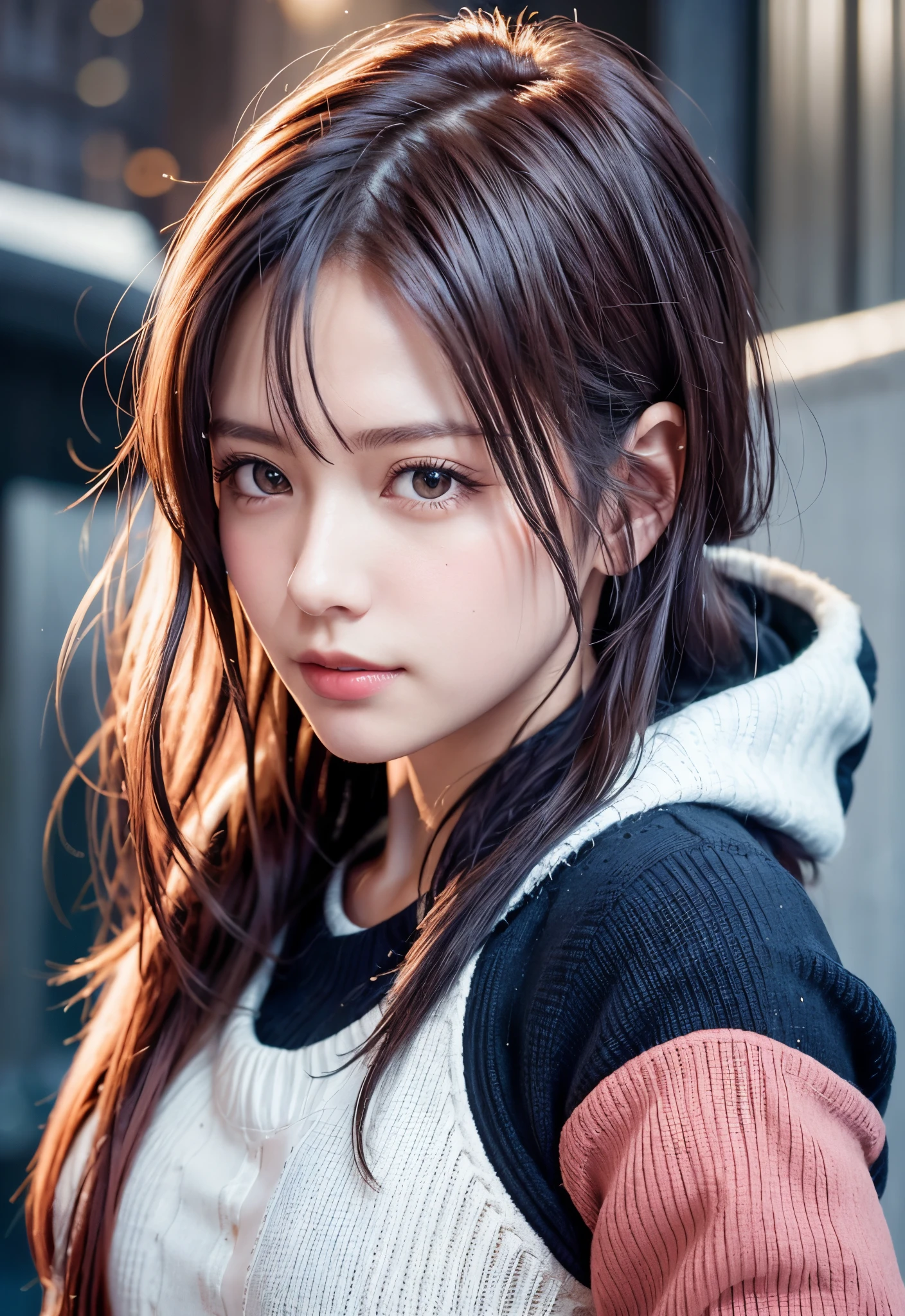 A woman with long hair and a sweater posing for a picture - SeaArt AI