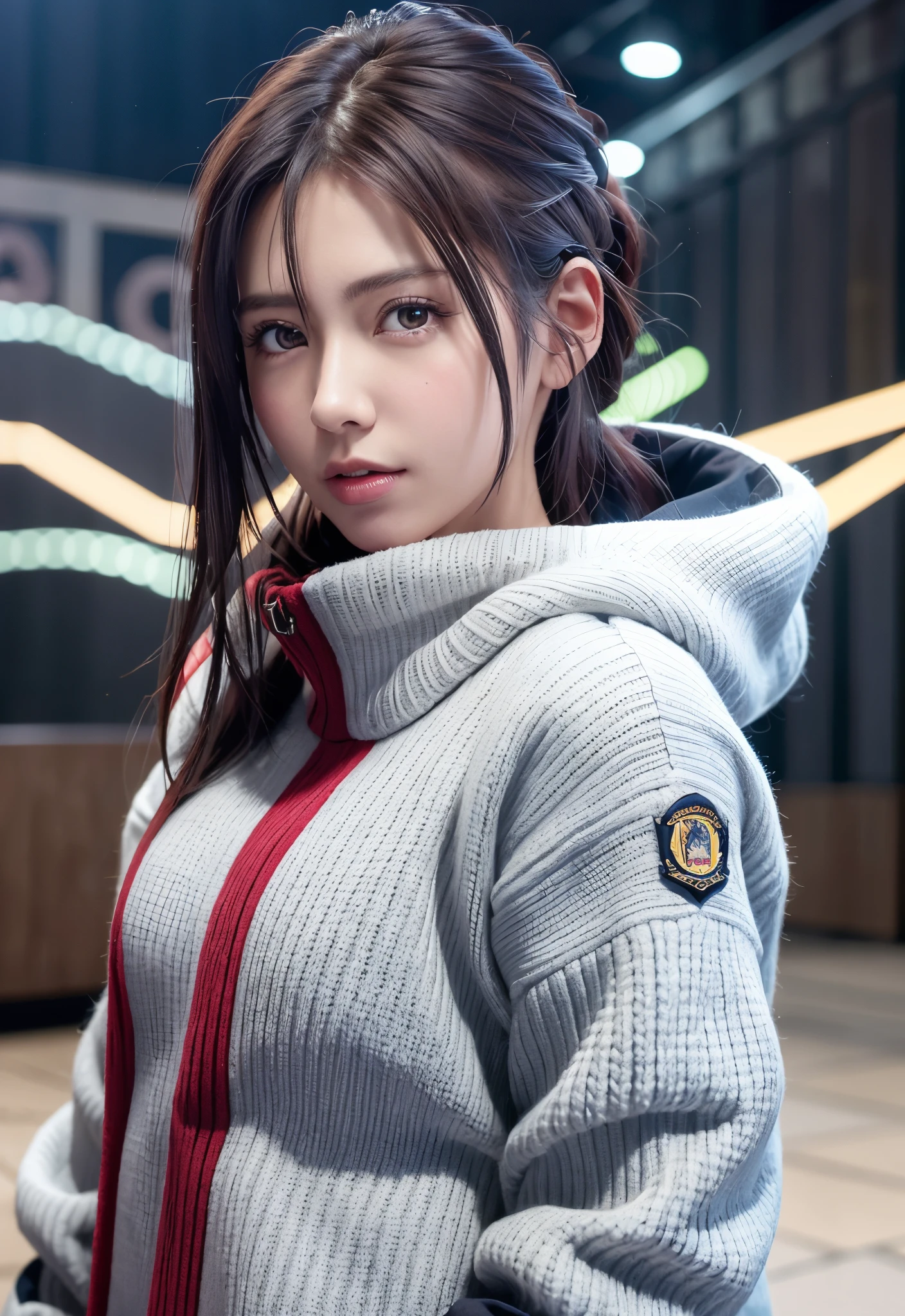 8K, of the highest quality, masutepiece:1.2), (Realistic, Photorealsitic:1.37), of the highest quality, masutepiece, Beautiful young woman, Pensive expression,、A charming、and an inviting look, skiing、snowboarder、Ski Wear, Hair tied back, Cinematic background, Light skin tone、Ski Resort Background