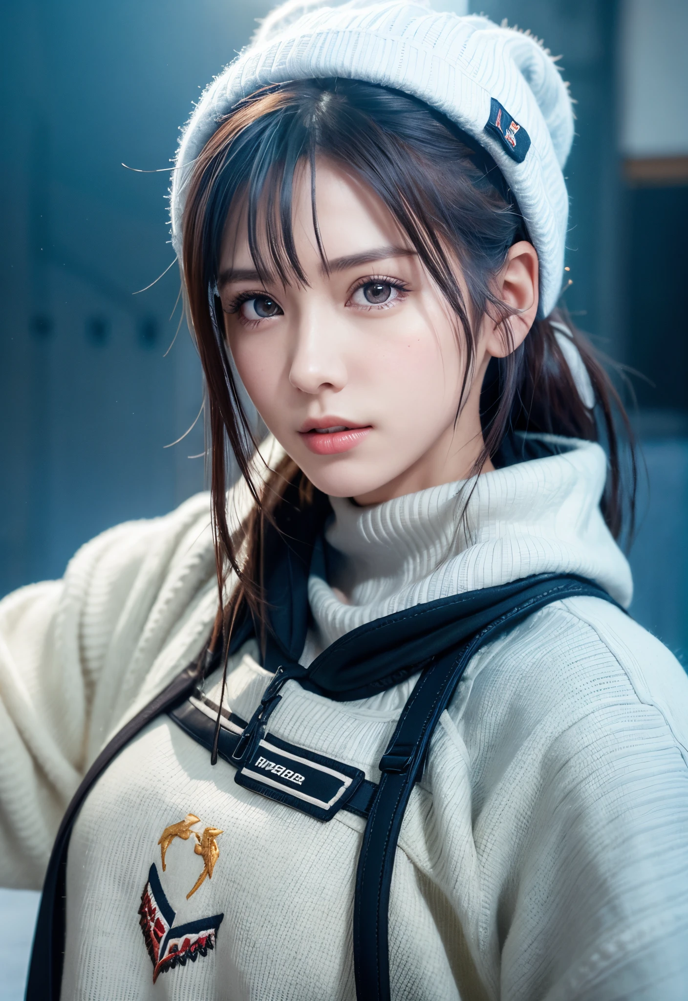 8K, of the highest quality, masutepiece:1.2), (Realistic, Photorealsitic:1.37), of the highest quality, masutepiece, Beautiful young woman, Pensive expression,、A charming、and an inviting look, skiing、snowboarder、Ski Wear, Hair tied back, Cinematic background, Light skin tone、Ski Resort Background