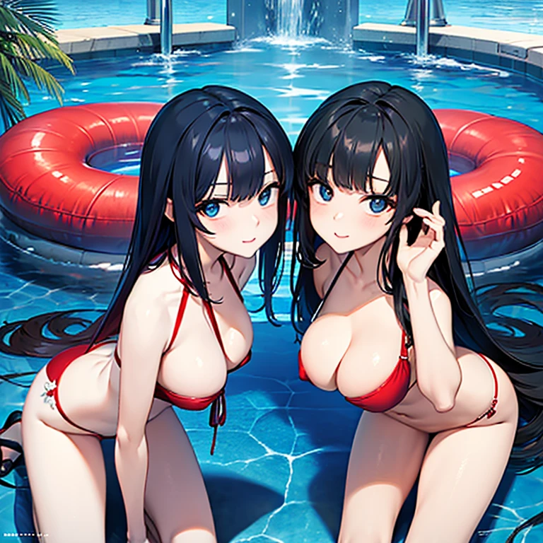 (Best Quality)), ((Masterpiece Art)), A trick for flawless beauty, (high resolucion), Very reduced 8K , a flawless face, perfect eyes, Symmetrical body shape,Black hair, red bikini, blue hotpants, large full breasts, sexual intercourse, Sexual attractiveness, hentai, NSFW, pool