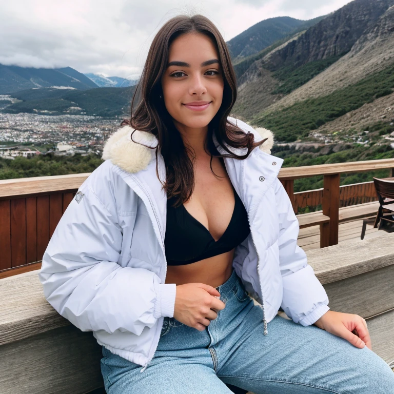 Beautiful dark brunette wearing a dope ski jacket, sitting on the terrace of a bar on the top of the mountain, snowy background, mountains background, highly detailed, 22 years old, , boobs, innocent face, natural wavy hair, blue eyes, high resolution, Masterpiece, Best quality, Intricate high detail, Highly detailed, Sharp focus, Detailed skin, realistic skin texture, texture, detailed eyes, professional, 4k, charming smile, shot on Canon, 85mm, shallow depth of field, Kodak Vision Color, Perfect Fit Body , extremely detailed, photography_\(ultra\), Photorealistic, Realistic, Post-processing, maximum details, roughness, real life, ultra realistic, Photorealism, photography, 8k UHD, photography, busty