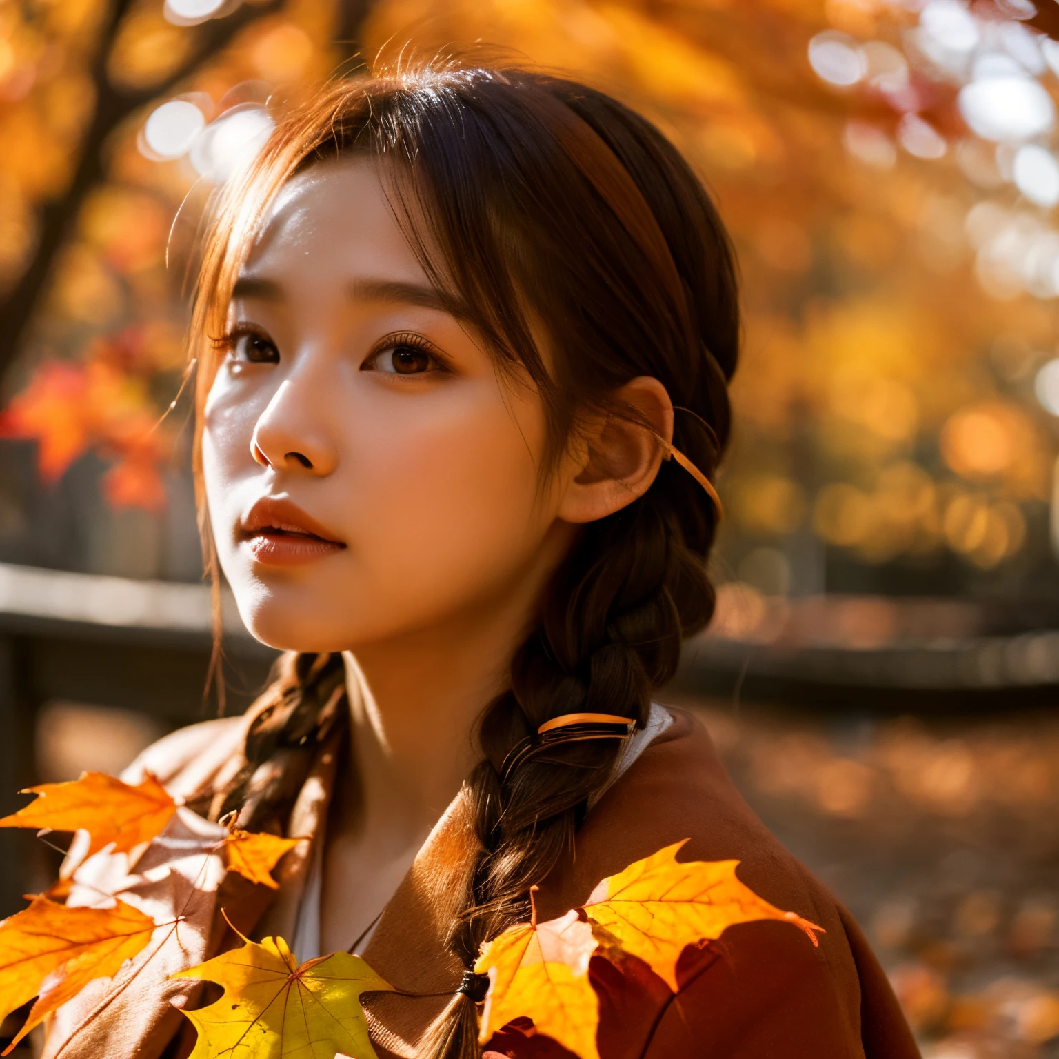 8K分辨率, Ultra-high-definition CG images, Autumn leaves at night🍁, Moonlight, Long Focus, 1girl in, 20yr old, Detailed beautiful faceangs braids, bronze:1.4), (stop hair:1.4), (Autumn coordination), a miniskirt, long boots, variation color, pointed chest, Beautiful chest line, Pendants, Detailed beautiful eyes, Bright red autumn leaves, Maple tunnel, depth of fields, absurderes, 24K Graphic Arts, Carefully drawn background, Composition with depth,