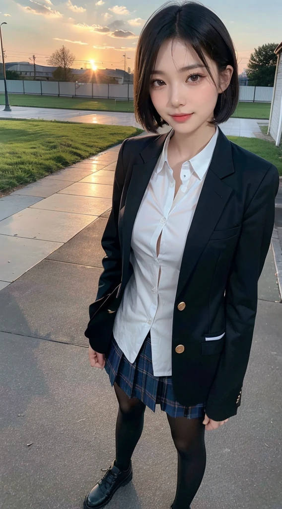 ((Full body lesbian,in a panoramic view)),(quality,8K quality,tmasterpiece:1.3),(超高分辨率,真实感:1.4,Original photography),(ultra - detailed,Caustics,detailedbackground),(Hyper-realistic capture,Beautiful and delicate skin,perfect anatomia),At sunset,Sunset sky,School buildings,School playground,18yr old,kawaii,Single Eyelids,Brunette short Bob,School blazer,looking at the camera in,A smile,upper body shot,Natural soft light