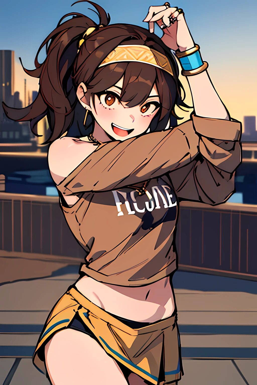 ((Masterpiece: 1.5, Best quality, High resolution: 1.3, Super resolution, Super detailed, Ultra detailed:1.3, Rich background:1.2)) (girl 1) tan skin + honey eyes + Chestnut Brown Hair + Long Fluffy Curly Hair with Bangs + body femenine + small boobs + wide hips + many freckles on the cheeks (White shirt with a burgundy star, high blue shorts, black tights, white jacket tied at the waist, small cabbage necklace, modern clothing) (positive attitude, smile face)