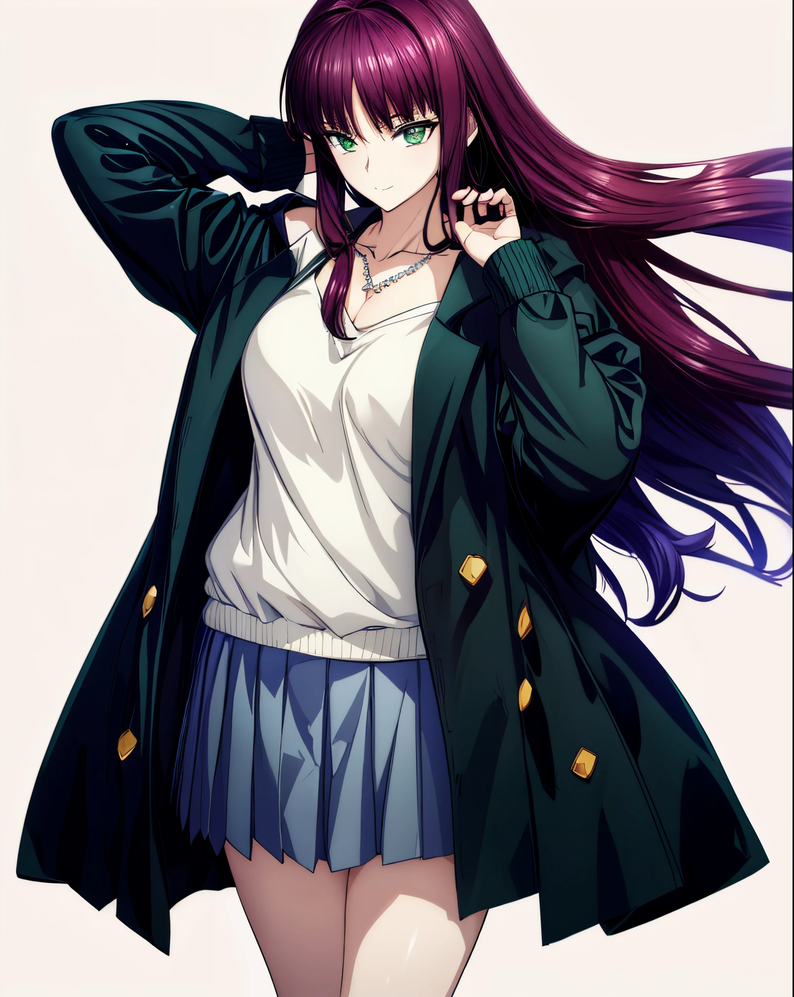 Beautiful girl anime visual, Smooth Anime CG Art,anime portrait,beautiful anime high school girl,A seductive anime girl, anime visual of a young woman, Anime Best Girl, anime girl with long hair and green eyes,A seductive anime girl, nffsw,hiquality,Connect ticker and 8K, hight resolution,Very detailed CG, High quality shadows, Detail Beautiful delicate face, Detail Beautiful delicate eyes,BREAK(Wallpapers with highly detailed 8K),(Highly detailed CG 8K wallpaper),Makima (chain saw man),Sukasaha (Fate/grand order),Shimohira Reihua ,Hi-Res,Very delicate and beautiful CG illustration,top-quality,beautiful thigh,big breasts thin waist,(((masutepiece))), (((Best Quality))),8K,32K,​masterpiece,beautiful alluring anime woman,ultra-definition,ultra-detailliert,hight resolution,a hyperrealistic schoolgirl,masuter piece, Best Quality, High quality, High Definition, high quality texture, high quality shadow, high detailing,finely detail,A teenage girl,1girl in,High school students,Solo,Soio,Only one person,Alone,One Person,taki,Mature atmosphere,Leg length,neat and long legs,8 Head Body,stature:171cm,Mature girls,Reddish-purple hair,Reddish-purple hair,Purple hair,cassis colored hair,silky and smooth hair,Colorful hair,Straight hair,Smile,Cool Beauty,Beautuful Women,Neat face, Beautiful realism,Seductive look,Bewitching look,serene expressions,beautiful hairl,She wears a necklace around her neck,Necklace,bead necklace,magatama accessories,A slight smil,Colorful eyes,green colored eyes,Jade-colored eyes,beautidful eyes,Bright eye,Delicat eyes,Eyes Like Gems,Jade Eyes,Hanging eyes,(Green eyes:1.5),Seductive face,Watching the viewer,Model photo,simple background,Black hair, longeyelashes, lightsmile, Reddish-purple hair, cassis colored hair, Hairpin, lightsmile, Seductive smile, Jade-colored eyes, PUPILS SPARKLING, Hanging eyes, multicolored eyes, Anime style, Hyper-Realism, Realism, Anime, 8K, Super Detail, ccurate, Best Quality, 16 K, Anatomically correct, ccurate, nffsw, 16 K, hight resolution, Best Quality,JINS,jaket,