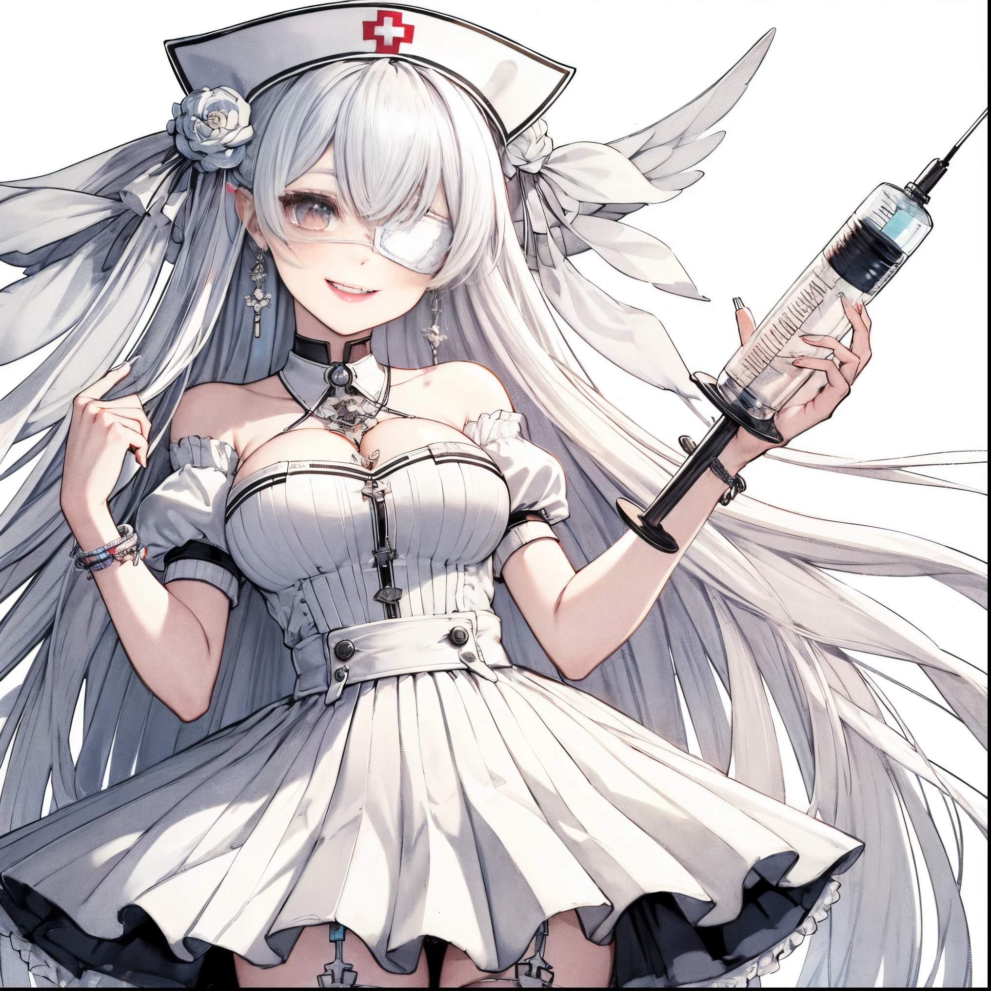 White eye patch、Big breasts, Beautiful woman, White hair, Long hair, white cloth covering eyes, nurse's outfit, Short pleated skirt, Nurse's Cap, has a very large syringe, Devil's Wings, Smiling mouth, White background,High quality, amount of drawing, pixiv illustration