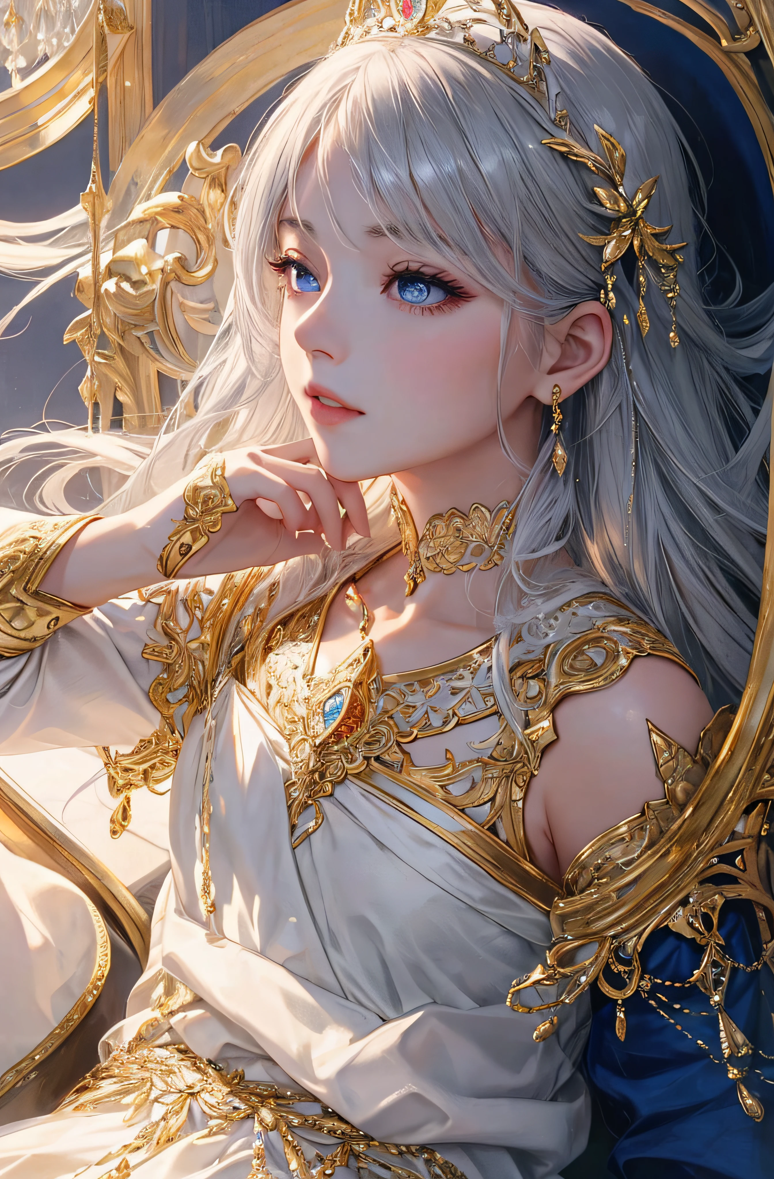The upper part of the body、The face is front、profile、8K、realphoto、超A high resolution, Master Parts, Best Quality, nffsw , cinematic images,Lovely girl、ann、16 only、Anglo-Saxon、二重まぶた、drooing eyes、Very big eyes、Eyes purple、Dark eye shadow、The lips are very thin、The tip of the nose stretches beautifully............................、the tip of the nose is small,,,,, ighly detailed , Silver hair、Straight short hair、ssmile、 Sweet look 、a very beautiful woman、legs are long、 Very clear shadows , jewely , A sexy , A detailed eye, very intricate, shiny skins , Perfect Brilliant, Perfect Lighting, Dramatic shadows、White tiara on head、Gold necklace around the neck、White aristocratic dress with gold embroidery、