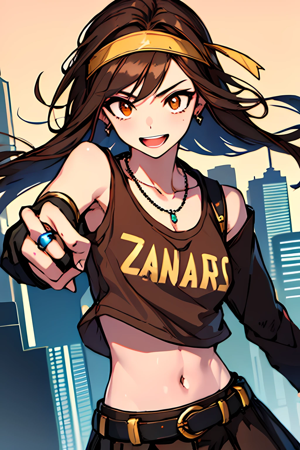 (masterpiece), best quality, expressive eyes, highres, perfect eyes, perfect face, perfect hands, 1girl, genie, zodiac, shirt over 1 shoulder, Brown bikini, long sleeves, necklace, long Brown Hair, city background, headband, Brown eyes, Brown skirt, small bust, rings, bracelets, charismatic, crazy face, crazy eyes, crazy smile, perfect anatomy, half body, l1girl, solo, brown shirt, gold letters, graphic t-shirt, bracelets, rings, necklace, jewelry, arm sleeves, fingerless gloves, manipulative, gaslighting, friendly, four fingers, one thumb, perfect hands,