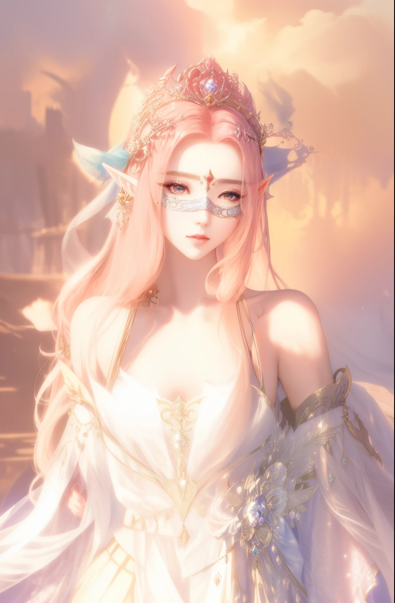 One wears a mask、Close-up of woman wearing skirt, ((beautiful fantasy empress)), 🌺 CG, Long flowing hair, EtherealBeauty, Ethereal!!!!!!!, beautiful and elegant elf queen, Ethereal fantasy, beautiful fantasy empress, floated hair, 8K octave rendered photo, Ethereal!!! hyper realisitc, Popular topics on cgstation, guweiz