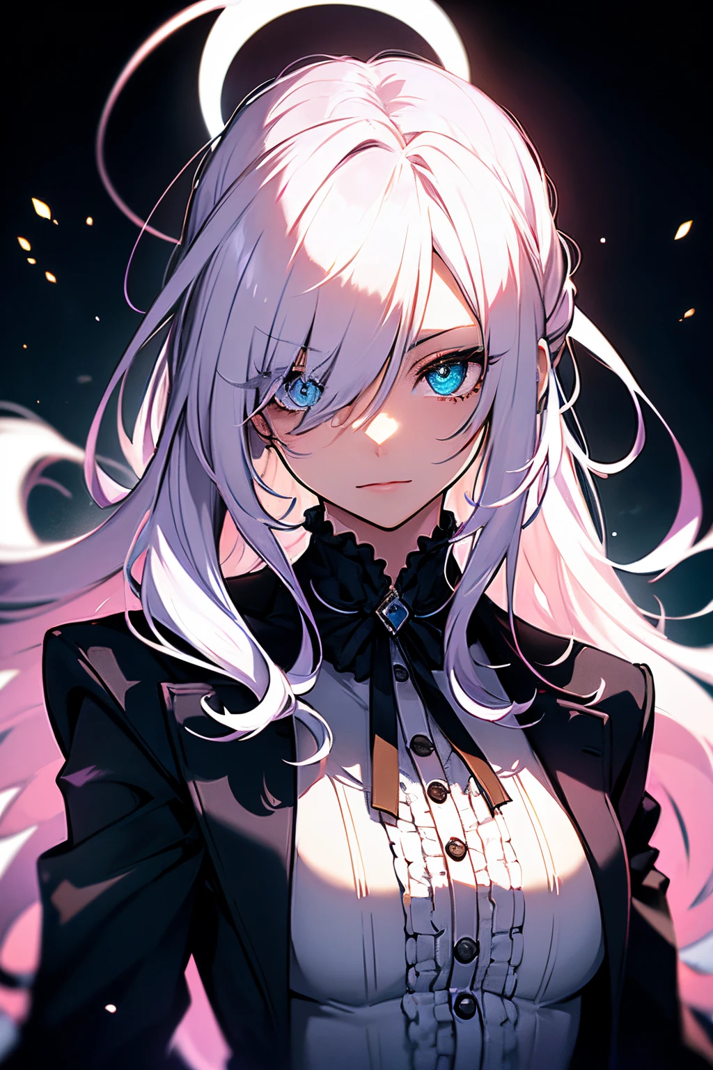 a creepy looking ((silhuette)) with ((white gas flowing)) from their glowing heterochromia eyes, with a dark background and a purple background, Ay-O, white, a character portrait, vanitas, (crazy), {small breasts} ,embroidered shirt, shiny skin, serenity eyes