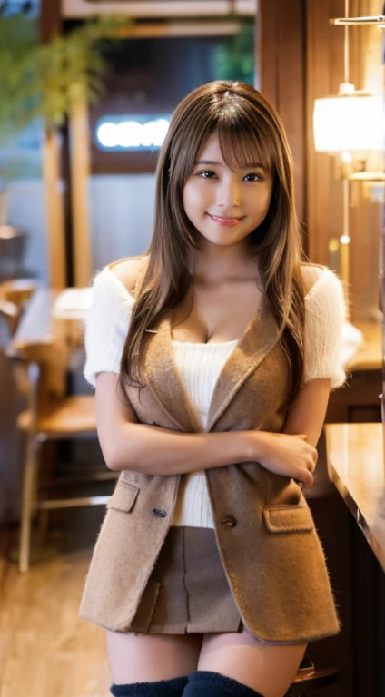 masterpiece, best quality:1.1), (8k, raw photo, photo realistic:1.2, f22), (shiny skin), detailed skin,long hair,detailed face, detailed eyes, smile, real world, intricate details, smil, 1girl,jacket,mini skirt, breast cleavage, Inside the cafe,look at the viewer,from front ,full body