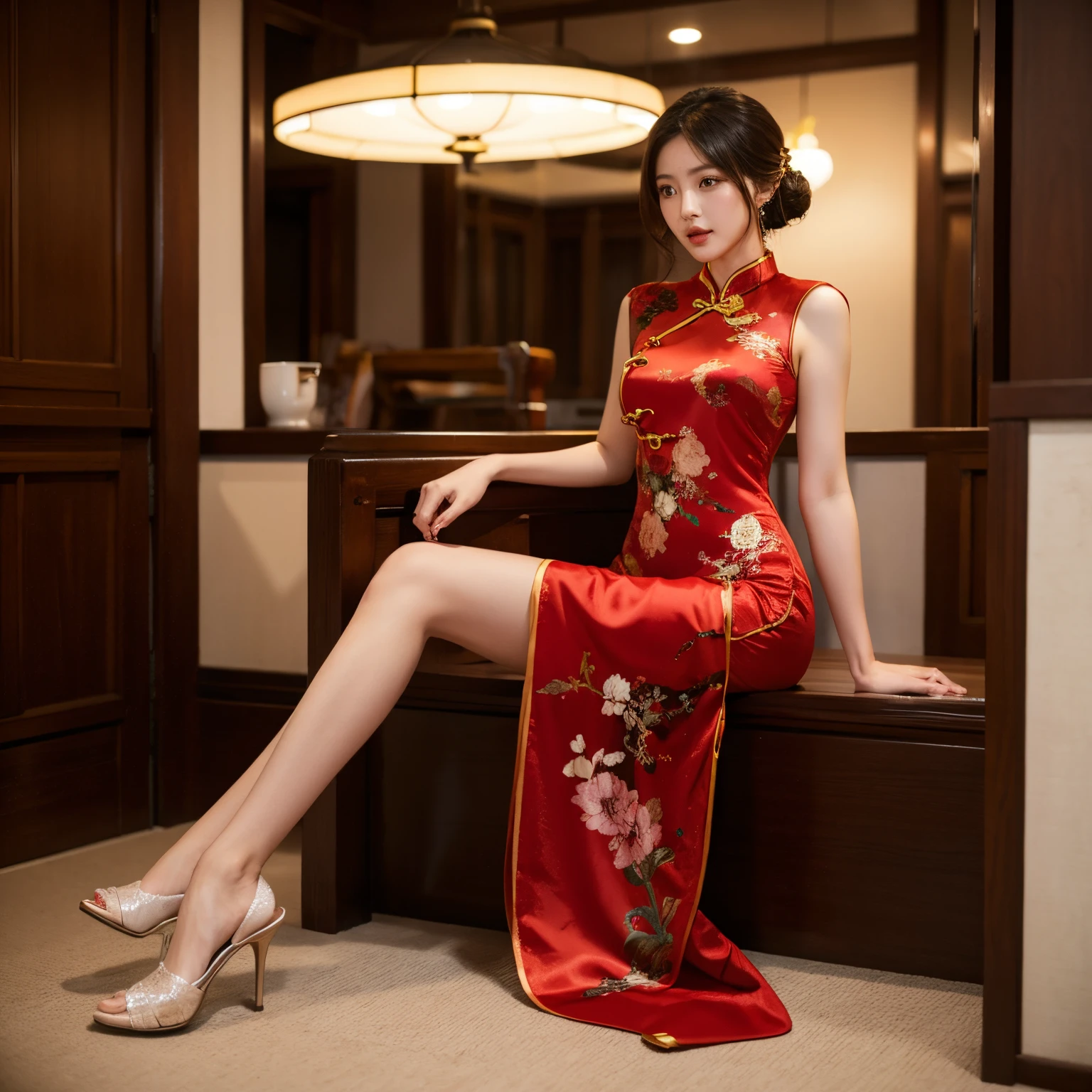 Sexy big breasted and long legged cheongsam beauty