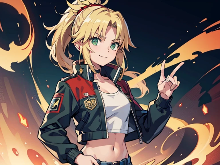 incomparable masterpiece, ultra 8k CG, ultra high resolution, perfect art, modred, (green eyes:1.5), blonde hair, ponytail, short hair, scrunchie, red scrunchie, hair scrunchie, denim, denim shorts, jacket, midriff, navel, red jacket, short shorts, shorts, tube top, red line white top, high res, ultrasharp, 8K, masterpiece, ultra high resolution, beautiful detailed eyes, hyper-extreme details, best quality, perfect illustration, an extremely delicate and beautiful, extremely detailed, CG, 8k wallpaper, amazing, finely detailed, official art, extremely detailed 8k CG wallpaper, incredibly absurd, huge file size, ultra detailed, extremely detailed, beautiful detailed girl, extremely detailed eyes and face, smiling, mecha armor, pilot suit