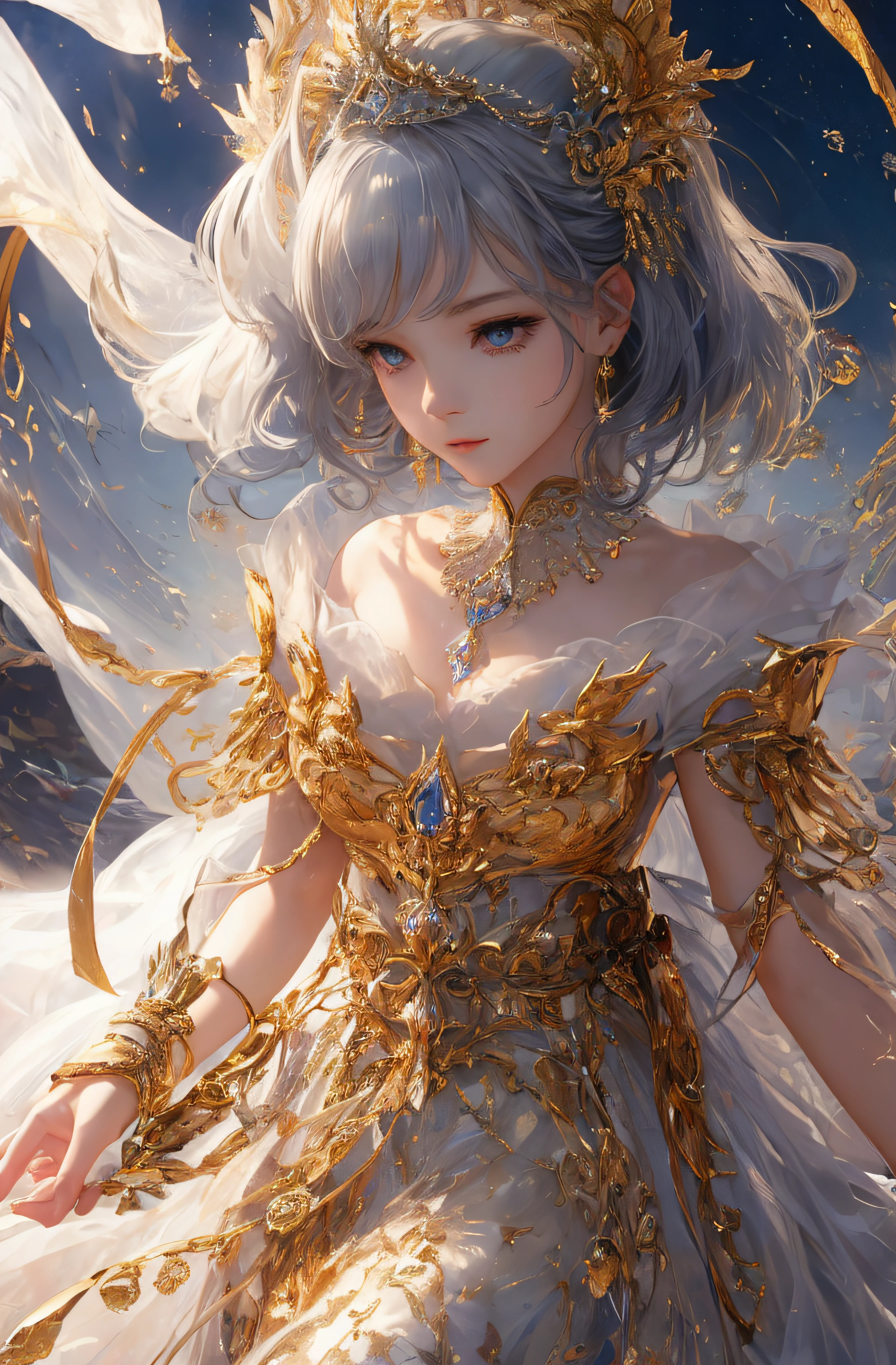 The upper part of the body、The face is front、profile、8K、realphoto、超A high resolution, Master Parts, Best Quality, nffsw , cinematic images,Lovely girl、ann、16 only、Anglo-Saxon、二重まぶた、drooing eyes、Very big eyes、Eyes purple、Dark eye shadow、The lips are very thin、The tip of the nose stretches beautifully............................、the tip of the nose is small,,,,, ighly detailed , Silver hair、Straight short hair、ssmile、 Sweet look 、a very beautiful woman、legs are long、 Very clear shadows , jewely , A sexy , A detailed eye, very intricate, shiny skins , Perfect Brilliant, Perfect Lighting, Dramatic shadows、White tiara on head、Gold necklace around the neck、White aristocratic dress with gold embroidery、
