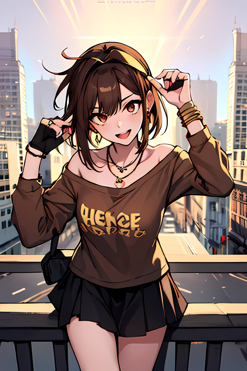 (masterpiece), best quality, expressive eyes, highres, perfect eyes, perfect face, perfect hands, 1girl, genie, zodiac, shirt over 1 shoulder, Brown bikini, long sleeves, necklace, long Brown Hair, city background, headband, Brown eyes, Brown skirt, small bust, rings, bracelets, charismatic, crazy face, crazy eyes, crazy smile, perfect anatomy, half body, l1girl, solo, brown shirt, gold letters, graphic t-shirt, bracelets, rings, necklace, jewelry, arm sleeves, fingerless gloves, manipulative, gaslighting, friendly