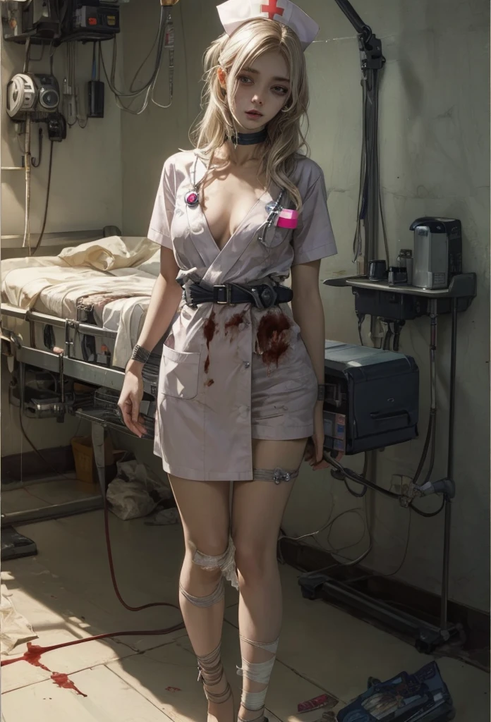 (Detailed illustrations,Very detailed and detailed drawing,Delicate lines with slow and rapid,Realistic texture expression),[Color tressed main line],Inorganic concrete room[Night Hospital],(Japan adult female[28 year old](Zombie Nurse))Hair put together [SKINNY((Small breasts))][pale skin](sickly look),([bandaged]Bondage Fashion),[[Return blood]],(Fine and beautiful skin expression [Transparency]),[Perfect eye details (Iris beautifully drawn in every detail)[Jewel-like eyes]],[long and beautiful eyelashes],[Meticulously drawn hair],(Perfect hand details [Beautiful fingers without breakdowns [Beautiful nails]]),(Perfect Anatomy(Perfectly proportioned))[[Full body like]],[Ideal color coordination(Accurate simulation of light-material interactions)],([Precision Detail](detaileds,high-detail)),[[Pale and gentle colors]][Visual art that conveys a sense of narrative] [[Eros in the Natural Body]].