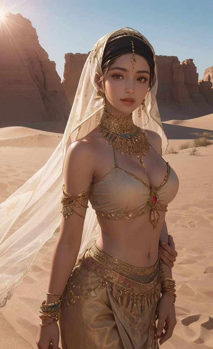 perfect green eyes, perfect face, perfect lighting, photoshoot, 1 beautiful woman, mature female wearing SSAHC, SSAHC, dark-skinned, colorful tribal dress, headdress, thick eyelashes, makeup, eyeshadow, medium hair, oasis, desert detailed outdoor background, ultra realistic