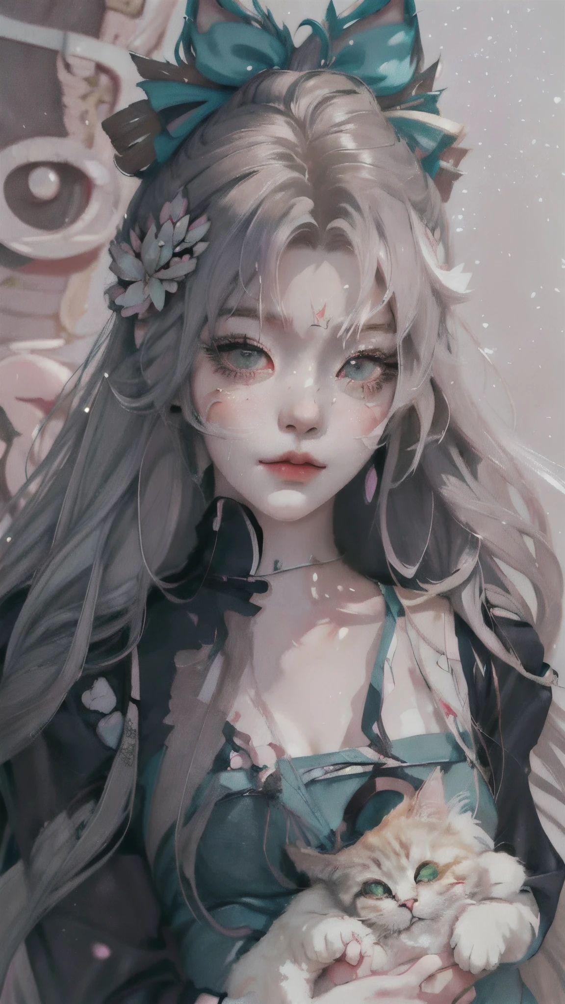 animemanga girl,long whitr hair,On the shoulder sits a cat, beautiful anime catgirl, Cat ears anime girl, very beautiful cute catgirl, in the art style of bowater, a beautiful anime portrait, beautiful anime art style, beautiful anime style, Guweiz style artwork, Anime rapunzel girl, lovely art style, anime art style