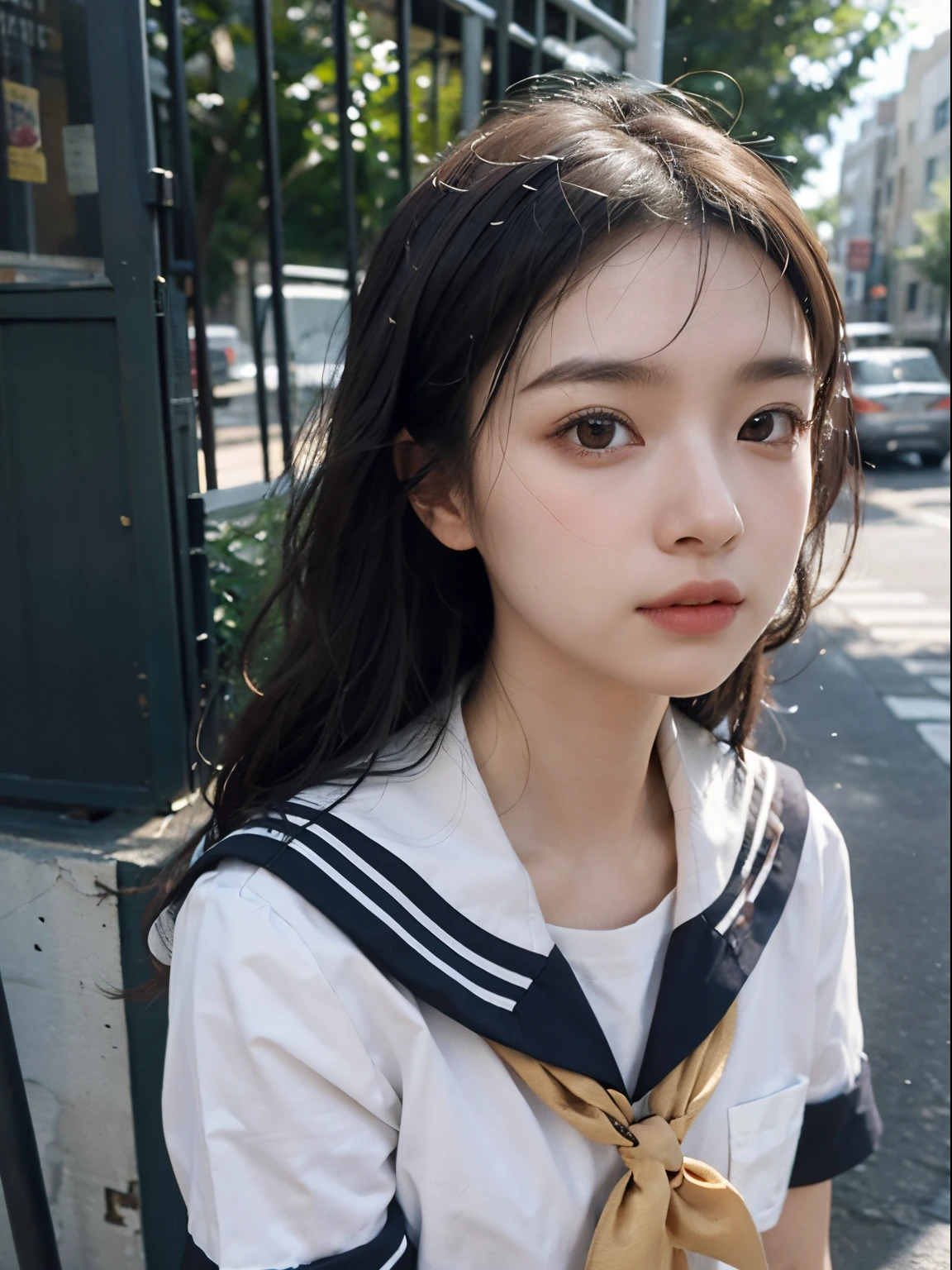 (8K,Best quality,tmasterpiece:1.2),(realistically,realistically,Photorealistic:1.37),2 girls,hyper-detailing,Beautiful details eyes Beautiful details nose,Short-sleeved sailor suit,Close-up of the upper body,Attractions,((The stands up)),the roof,railing,Small town,pylons,telephone poles,a plant,Front lens