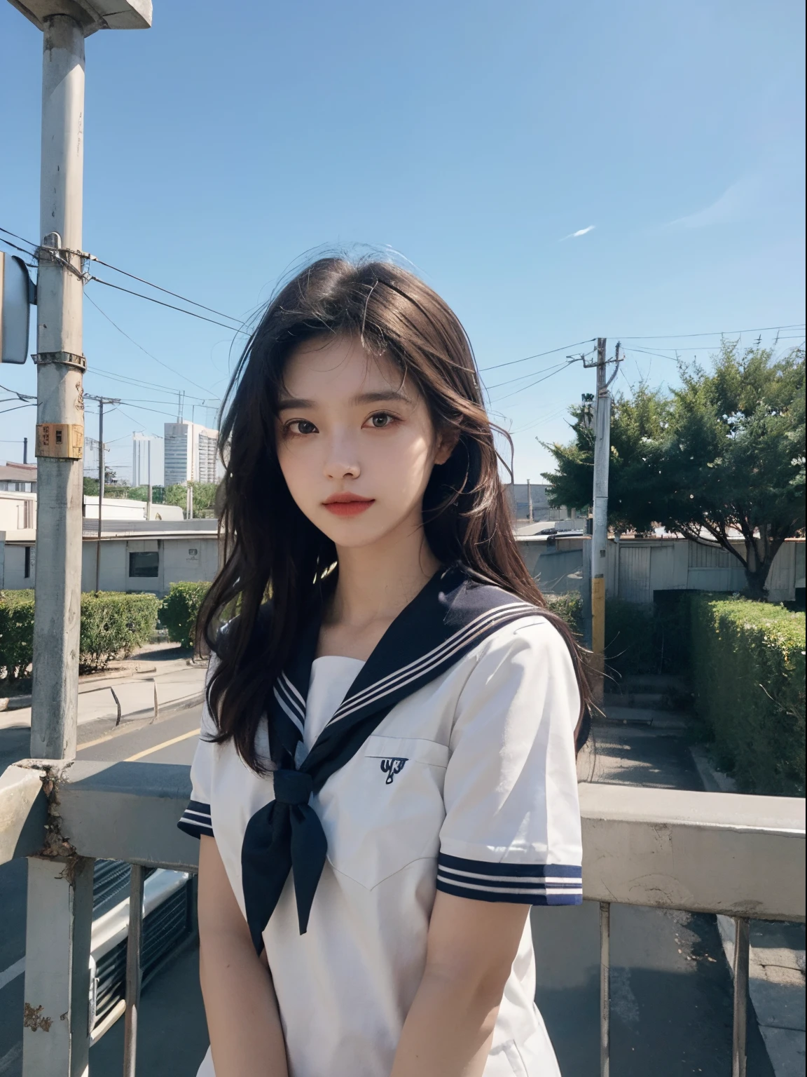 (8K,Best quality,tmasterpiece:1.2),(realistically,realistically,Photorealistic:1.37),2 girls,hyper-detailing,Beautiful details eyes Beautiful details nose,Short-sleeved sailor suit,Close-up of the upper body,Attractions,((The stands up)),the roof,railing,Small town,pylons,telephone poles,a plant,Front lens