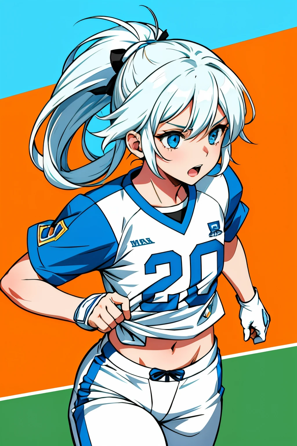 Cute girl, Girl playing football, She wears a white t-shirt and blue pants, Tied hair, light blue eyes, short pants, Attack on the field, White hair, Football player clothes, piece of art, Football players clothes