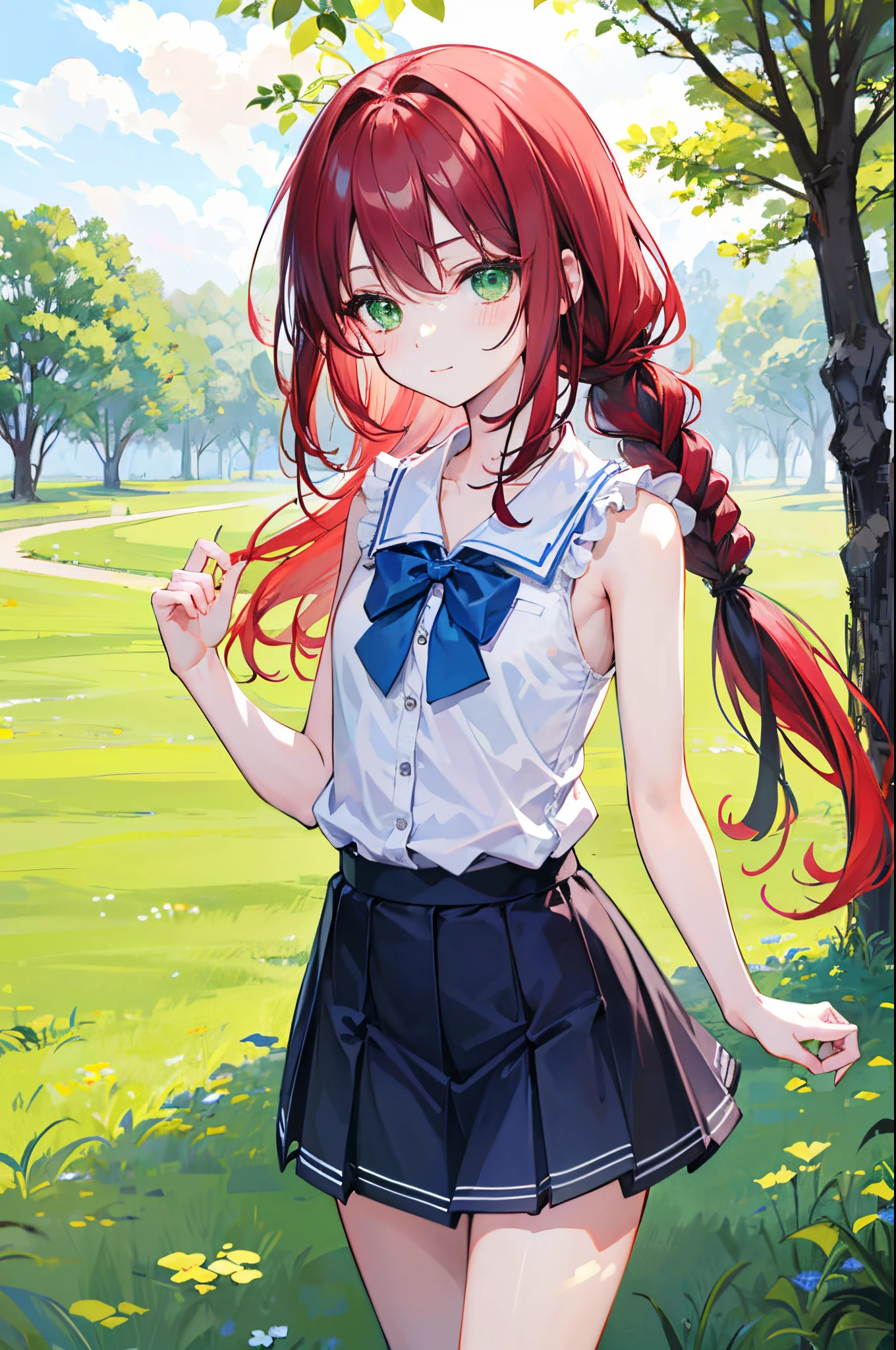 Girl with black and red hair, ,small body;;;;;;;;;, green eyes, long-haired,Green braid tied in bows left and right........,, Wear a blue sleeveless shirt......button up. White short skirt, walking on grass With a slightly smiling face.................
