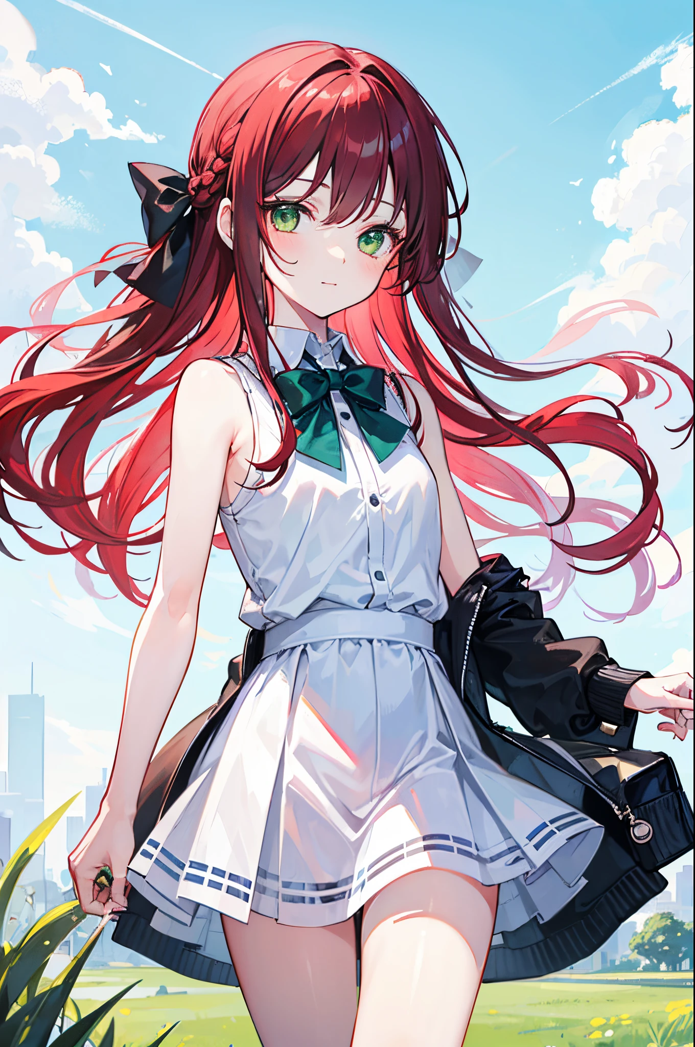 Girl with black and red hair, 7 ,small body;;;;;;;;;, green eyes, long-haired,Green braid tied in bows left and right........,, Wear a blue sleeveless shirt......button up. White short skirt, walking on grass With a slightly smiling face.................