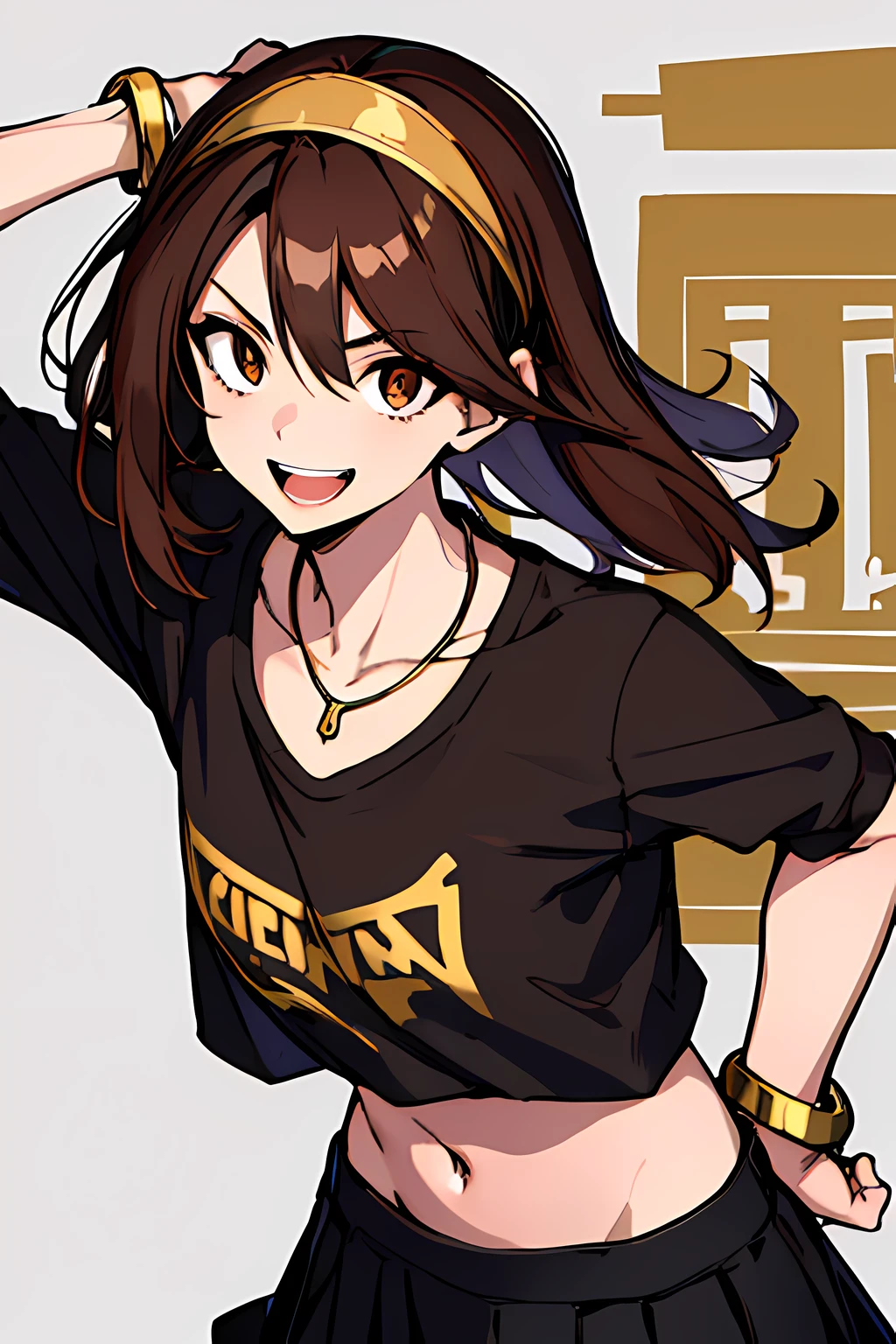 (masterpiece), best quality, expressive eyes, highres, perfect eyes, perfect face, perfect hands, 1girl, genie, zodiac, shirt over 1 shoulder, Brown bikini, long sleeves, necklace, long Brown Hair, city background, headband, Brown eyes, Brown skirt, small bust, rings, bracelets, charismatic, crazy face, crazy eyes, crazy smile, perfect anatomy, half body, l1girl, solo, brown shirt, gold letters, graphic t-shirt, bracelets, rings, necklace, jewelry, arm sleeves, fingerless gloves, manipulative, gaslighting, friendly