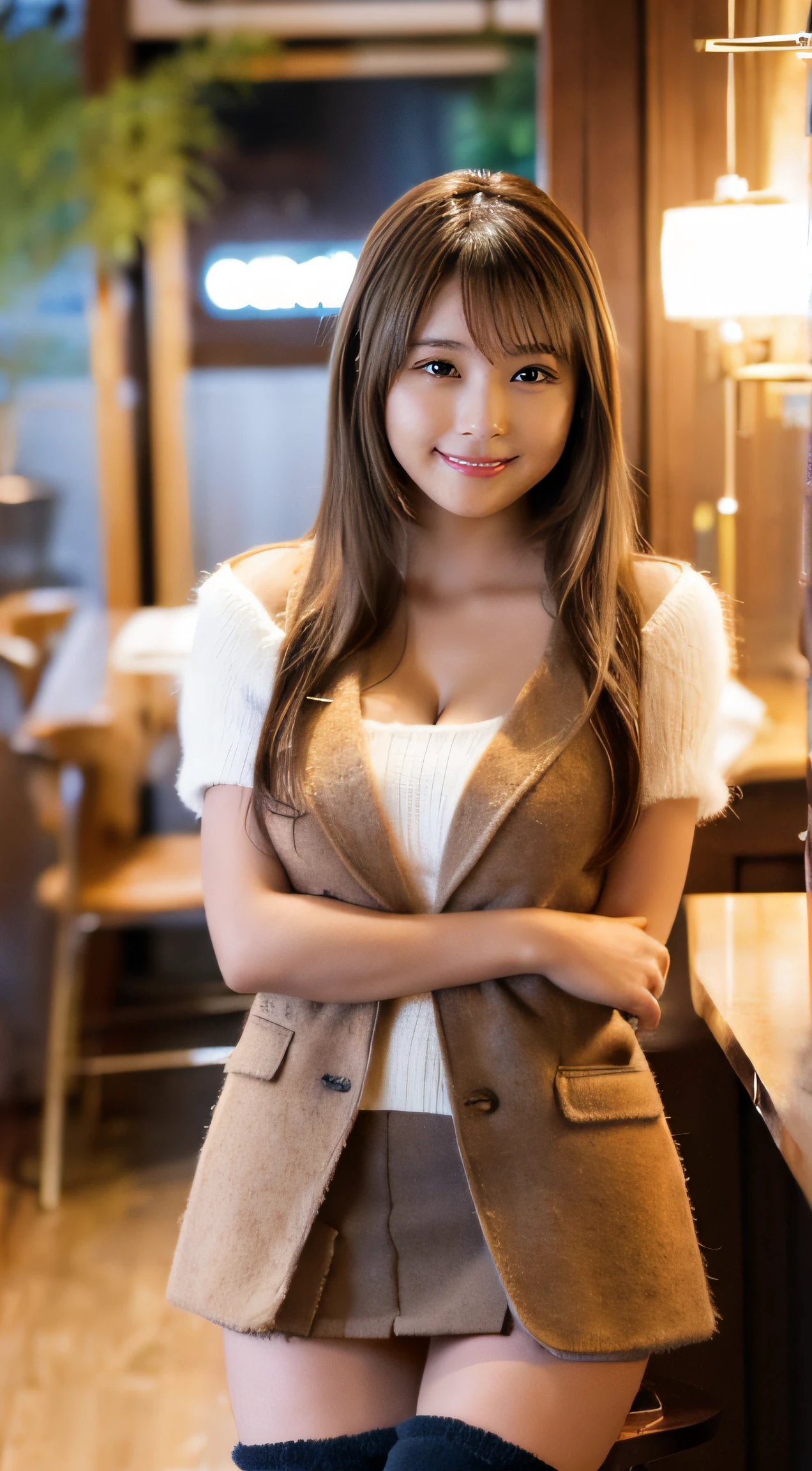 (Photorealistic), (ultra high realistic), (Ultra high definition), (ultra high detailed), (Increase contrast), (Increase saturation), (15yo girl), (light skinned)A pretty woman with perfect figure, Cute face, Beautiful expression, (Lifelike face), Beautiful hairstyle, Realistic eyes, beautiful detail, (real looking skin), Beautiful skins, enticing, The ultra -The high-definition, A hyper-realistic, Realistic, Very detailed, Japanese, semi long hair, bangss), (Cute idol with walking Japan in light brown wool coat and knee-high boots, Tartan check)((a miniskirt:1.5))  Gentle smile, Brown hair, ( earrings ), (super model figures below:1.3, Stylish coffee shop、The cleavage looks bold、beutiful breast、thin-waist、Sitting cross-legged in a chair