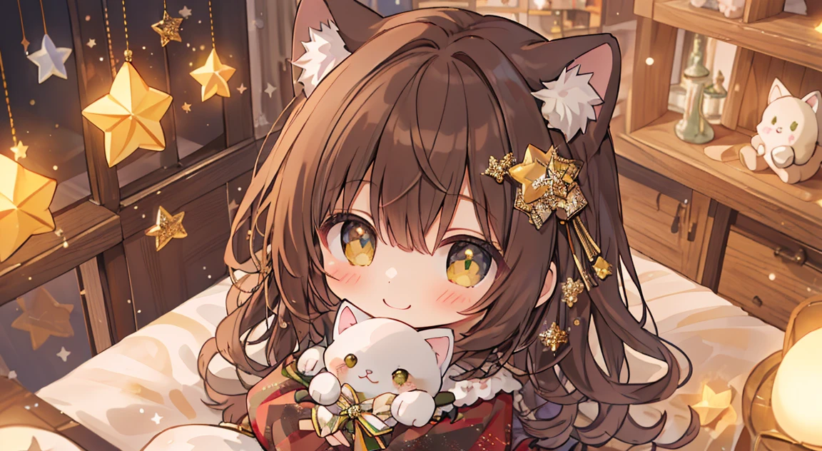 ​masterpiece, top-quality, 1girl in, The upper part of the body, sitting on, shorth hair, , A dark-haired, 、Fur dresses, ruffles from above、Christmas atmosphere、starry christmas tree、silver star、Golden Star、white kitten cuddling、Warm、A smile