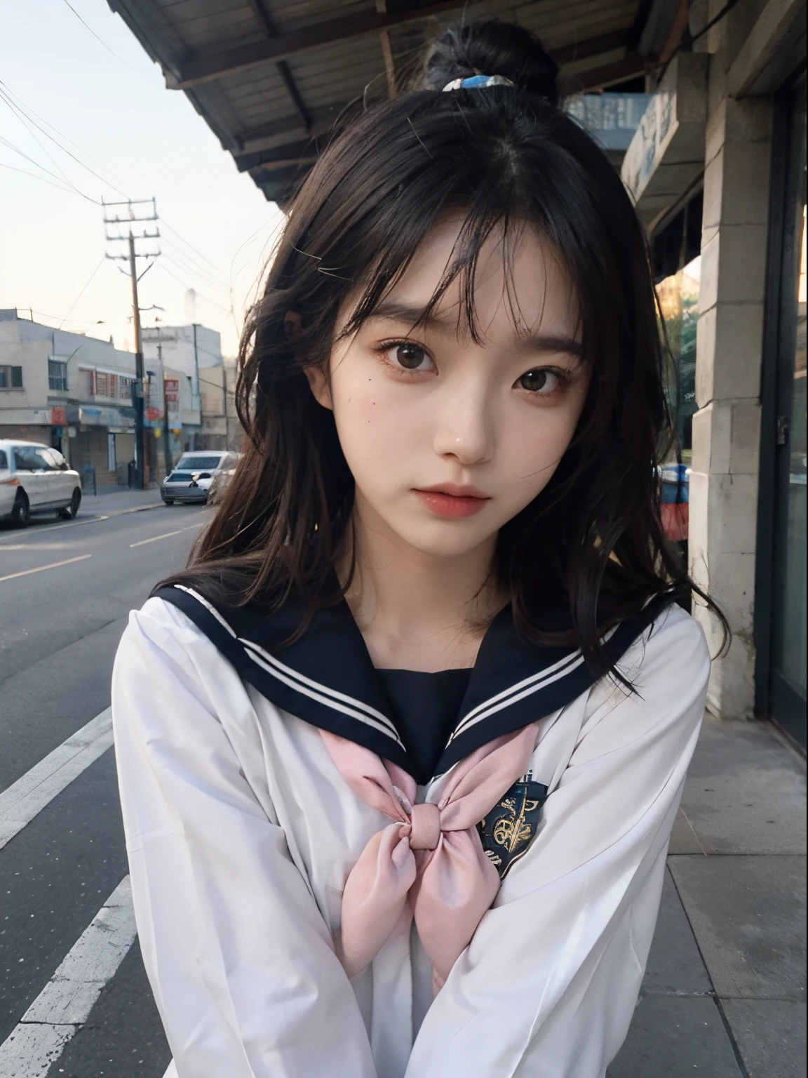 (8K,Best quality at best,tmasterpiece:1.2),(realistically,realistically,realisticlying:1.37),2 girls,hyper-detailing,Beautiful details of the eyes Beautiful details of the nose,Short-sleeved sailor suit,upperbody closeup,Attractions,((Stood up)),the roof,railing,Small town,tower,telephone poles,a plant,Front lens