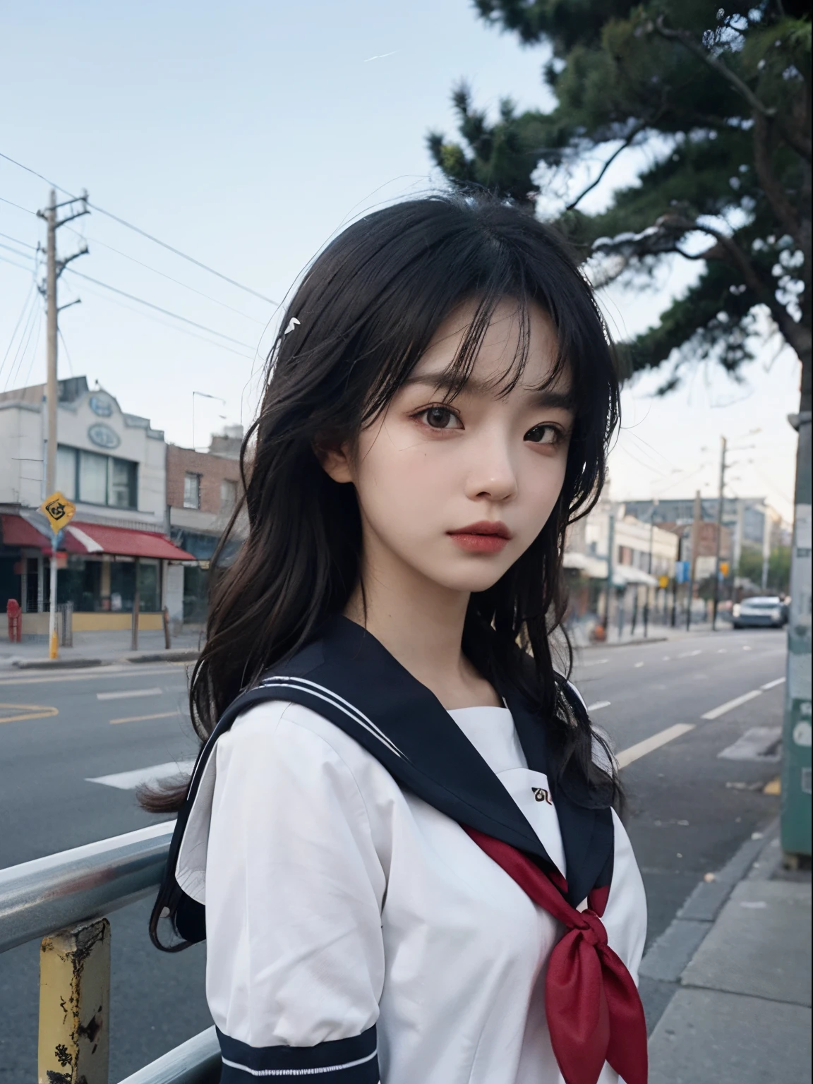 （8K，Best quality，tmasterpiece：1.2），（realistically，realistically，Photorealistic：1.37），2 girls，hyper-detailing，Beautiful details eyes Beautiful details nose，Short-sleeved sailor suit，Close-up of the upper body，Attractions，（（The stands up）），the roof，railing，Small town，pylons，telephone poles，a plant，Front lens