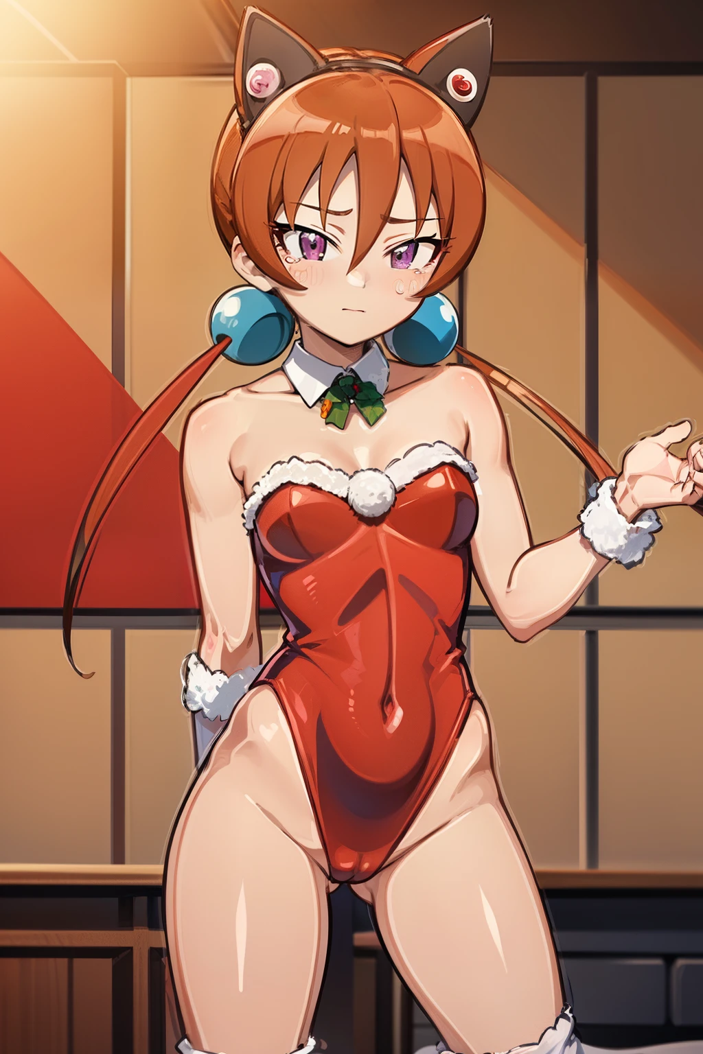top-quality、sexy, erotic, nsfw, Full limbs、complete fingers、Slender beauty、(Perfect bright red Santa Claus leotard:1.3)、((White High Socks))、((Wearing a Santa Manto))、Beautiful、A smile, red blush, ear blush, Girl holding gift box,In the room, with a decorated Christmas tree in the background, frontage,Happy expression, alisa_southerncross, hair ornament, animal ears, alisa_aquaticsuit, purple eyes, hair_bobbles, twintails, hair_between_eyes,cry ,tears, red blush,