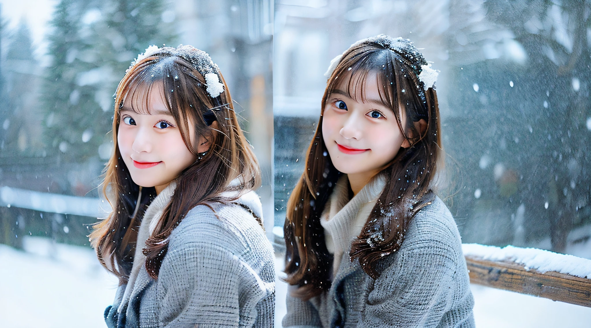 Cute high school girl, 18 years old, Wearing a gray miniskirt、tome'It's snowing outside