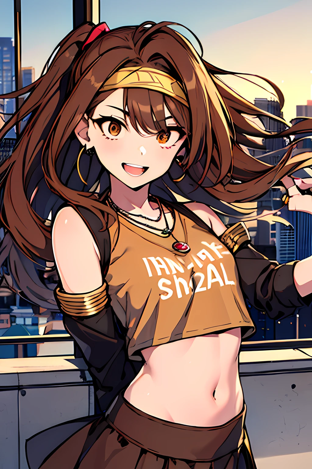 (masterpiece), best quality, expressive eyes, highres, perfect eyes, perfect face, perfect hands, 1girl, genie, zodiac, shirt over 1 shoulder, Brown bikini, long sleeves, necklace, long Brown Hair, city background, headband, Brown eyes, Brown skirt, small bust, rings, bracelets, charismatic, crazy face, crazy eyes, crazy smile, perfect anatomy, half body, l1girl, solo, brown shirt, gold letters, graphic t-shirt, bracelets, rings, necklace, jewelry, arm sleeves, fingerless gloves, manipulative, gaslighting, friendly, hands behind back