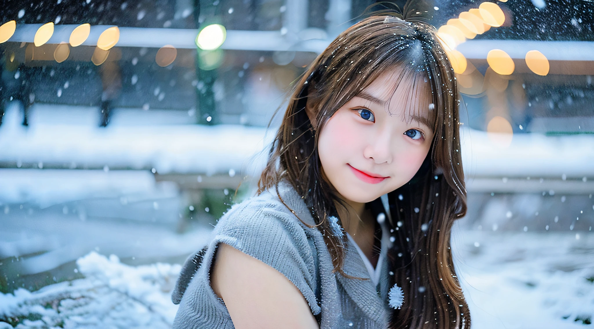 Cute high school girl, 18 years old, Wearing a gray miniskirt、tome'It's snowing outside