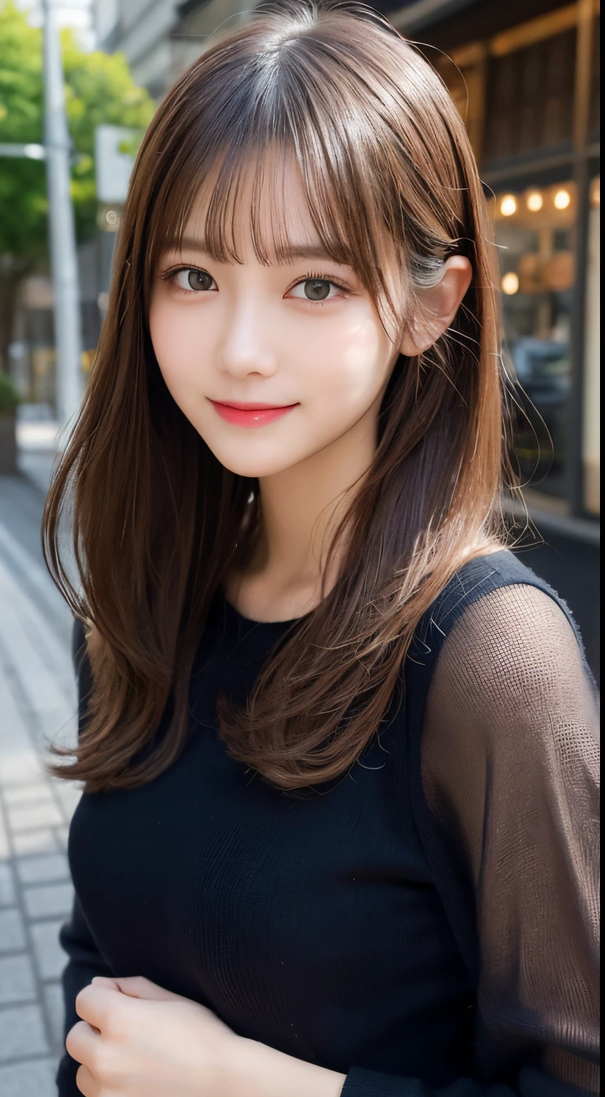 masutepiece, Best Quality, Illustration, Ultra-detailed, finely detail, hight resolution, 8K Wallpaper, Perfect dynamic composition, Beautiful detailed eyes, tokyo fashion(Fluffy long sleeves),Cute hairstyles,small tits,Natural Color Lip, Random cute poses of girls,Smile、20 years girl、Cute、sexy look at the camera,Blur the background,Slim face and body,beautifull detailed face