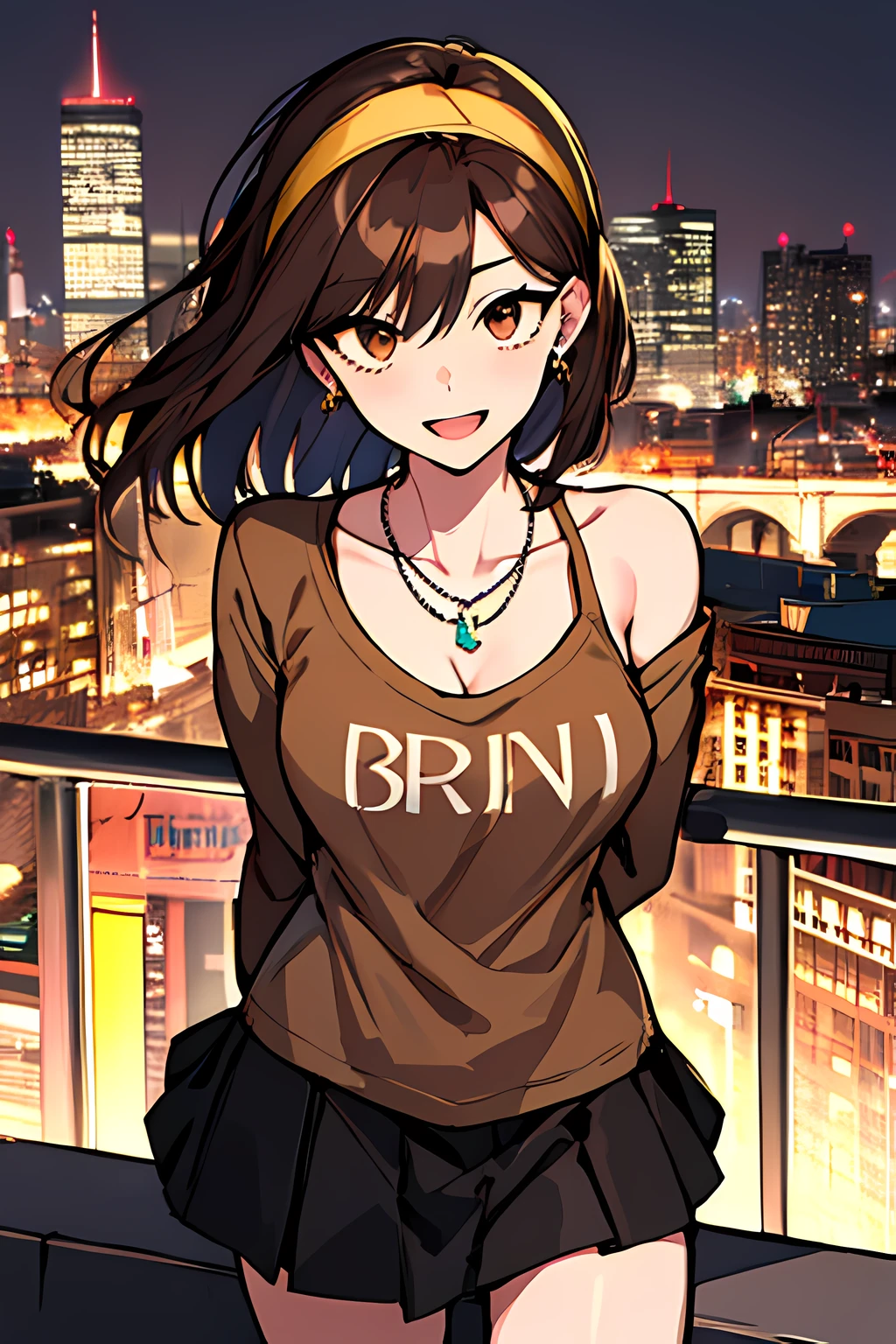 (masterpiece), best quality, expressive eyes, highres, perfect eyes, perfect face, perfect hands, 1girl, genie, zodiac, shirt over 1 shoulder, Brown bikini, long sleeves, necklace, long Brown Hair, city background, headband, Brown eyes, Brown skirt, small bust, rings, bracelets, charismatic, crazy face, crazy eyes, crazy smile, perfect anatomy, half body, l1girl, solo, brown shirt, gold letters, graphic t-shirt, bracelets, rings, necklace, jewelry, arm sleeves, fingerless gloves, manipulative, gaslighting, friendly, hands behind back,