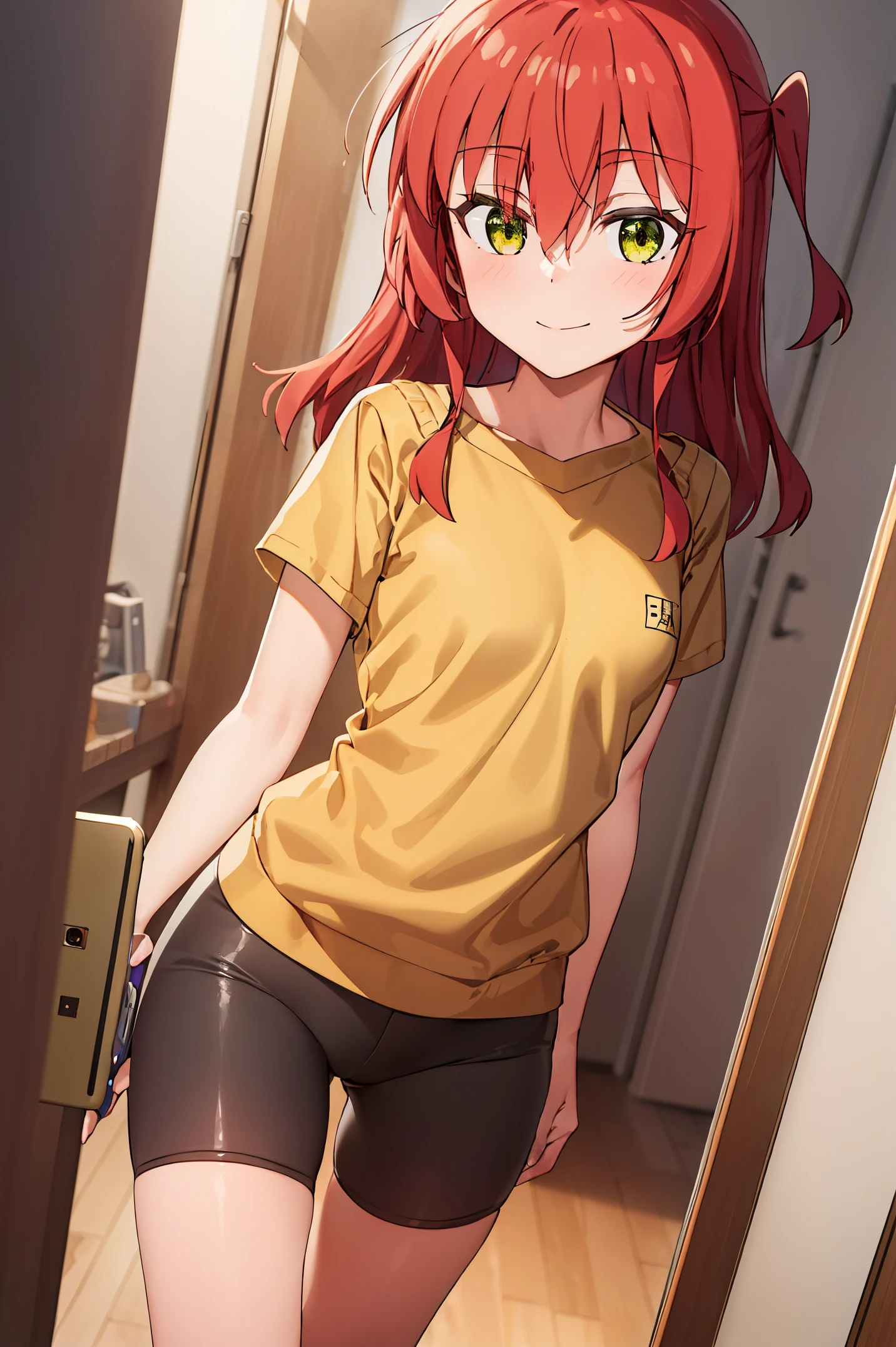 1 girl, best quality, ultra high res, long hair, red hair, green eyes, yellow shirt, short sleeves, white skirt, pleated skirt, miniskirt, bike shorts, bike shorts under skirt, looking at viewers, small breast, standing, pov, slim body, li body, small body, smile, room, iphone, hold the cell phone