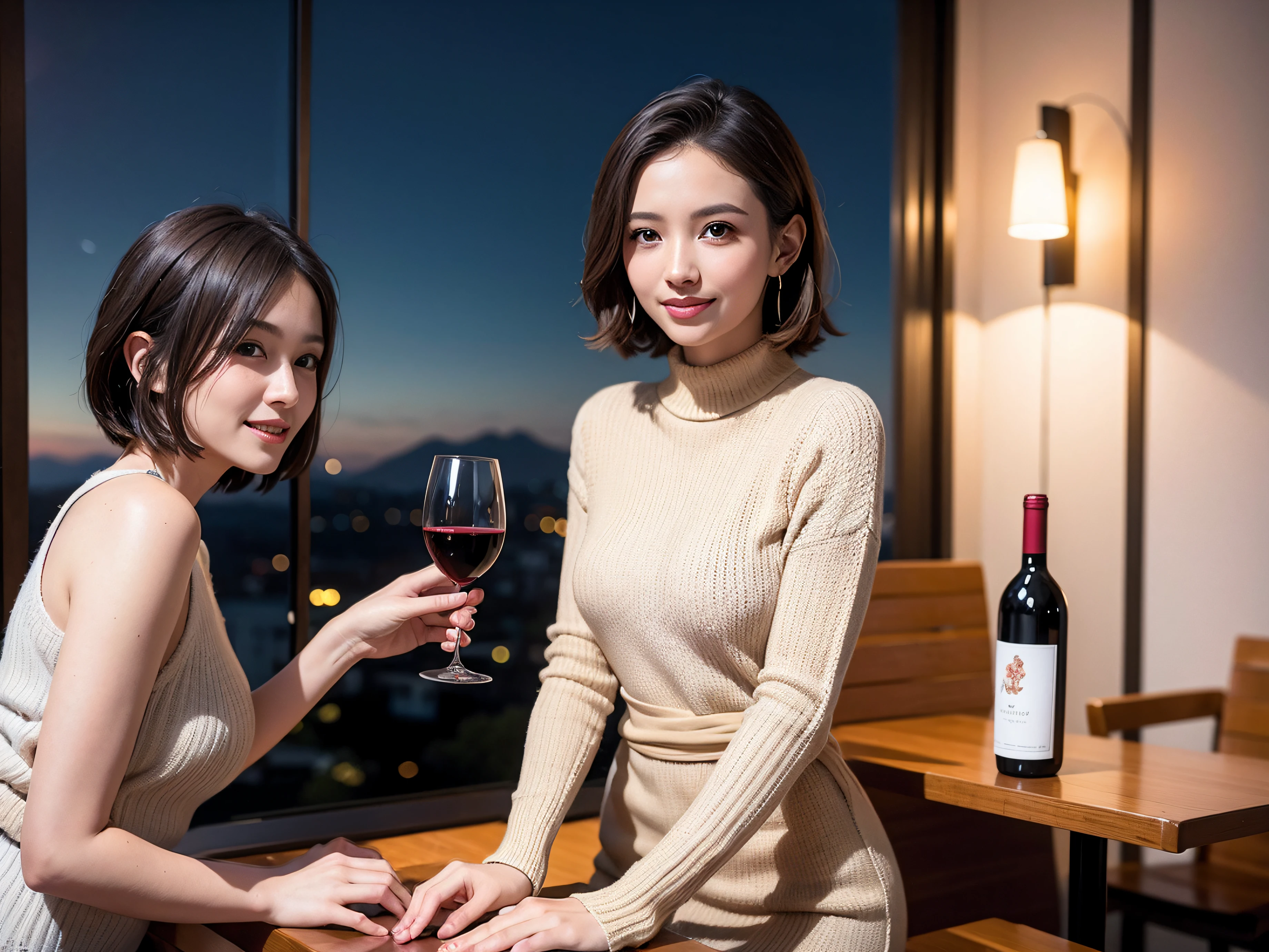 (64k uhd、nffsw、top-quality、​masterpiece:1.2)、(realisitic、Photorealsitic:1.37)、ultra-detailliert、A delightful、bule、beautiful foreigner、Happy、Happiness、Happy、Wine lover、A delightful、date、best night、I'm a little drunk、Happy、Feeling the best、Lovely woman with a smile、1 persons１Each comes with a wine glass、wine glasses、enjoying a glass of wine、a matural female、Two beautiful women、(Slim Faces)、(Slim body)、（brawn hair）、(short-cut)、smiling french woman、happy italian girl、British woman、Americana、blush a little on the cheeks、(36-years old)、32years old、red wine、A beautiful and detailed night view spreads out outside the window...、resturant、Wine glasses in a prominent place、natta、(from waist up)、sitting on、date、(A smile:1.15)、Beautiful detailed eyes、Cashmere sweater、long-sleeved dresses、japanes、(short-hair:1.2)、Float NovaFrogStyle、、modeled、from waist up、white wine、Slimed、wine glasses、Super beautiful night view、Put the wine glass in the middle、Happy smile、(8K、Raw photography、top-quality、​masterpiece:1.2)、(realisitic、Photorealsitic:1.37)、ultra-detailliert、超A high resolution、2 females、see the beholder、beautifull detailed face、A smile、Constriction、(Slim waist) :1.3)、knit shirt、Beautiful detailed skin、Skin Texture、floated hair、professional light needle breast、eyes gentle
