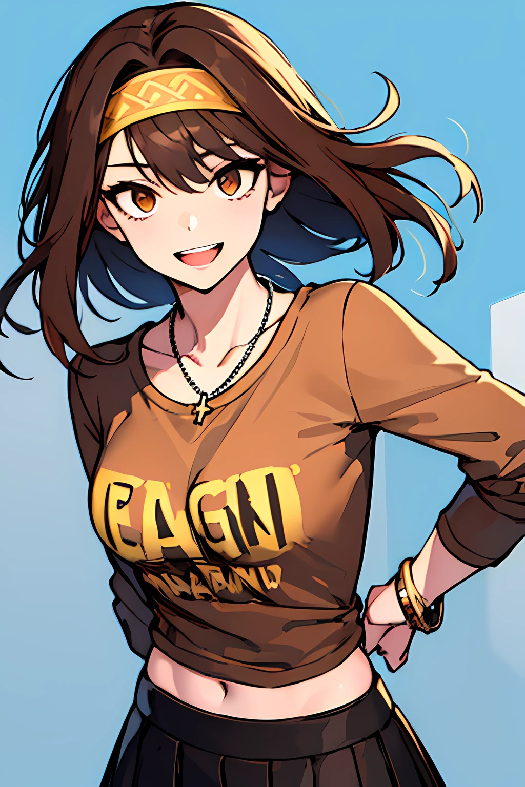 (masterpiece), best quality, expressive eyes, highres, perfect eyes, perfect face, perfect hands, 1girl, genie, zodiac, shirt over 1 shoulder, Brown bikini, long sleeves, necklace, long Brown Hair, city background, headband, Brown eyes, Brown skirt, small bust, rings, bracelets, charismatic, crazy face, crazy eyes, crazy smile, perfect anatomy, half body, l1girl, solo, brown shirt, gold letters, graphic t-shirt, bracelets, rings, necklace, jewelry, arm sleeves, fingerless gloves, manipulative, gaslighting, friendly, hands behind back,