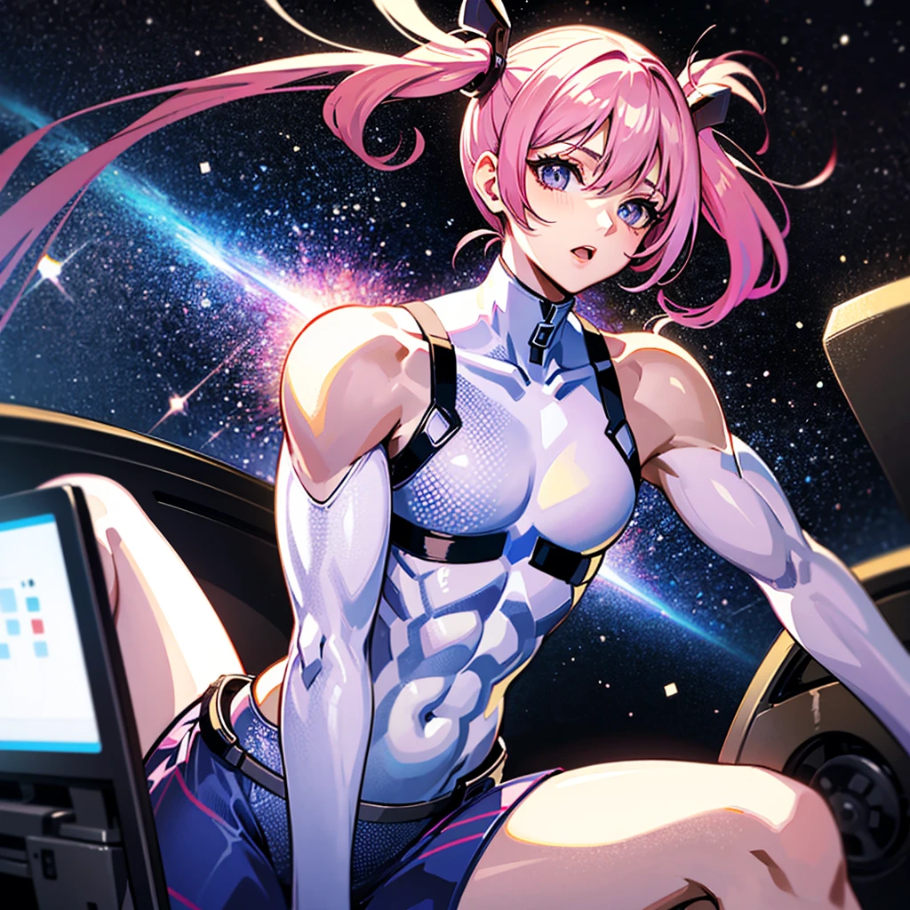 (((masterpiece)))、(((Top image quality)))、(((top-quality)))、((Illustration of one adult))、((25-years old))、((25-years old))、(((The face is a woman、The body is a man)))、(((Twintails with pink hair)))、Light gray eyes、((Tall))、((Flat))、((Muscular strong man's body))、((Muscular strong man's body))、(((solid chest)))、((muscular chest plate))、abdominals、((muscular and thick arms))、((muscular and thick legs))、((manspreading))、(((White pilot suit)))、((Sitting in the cockpit))、(The Universe on the Monitor、Earth seen from space、Spaceport)