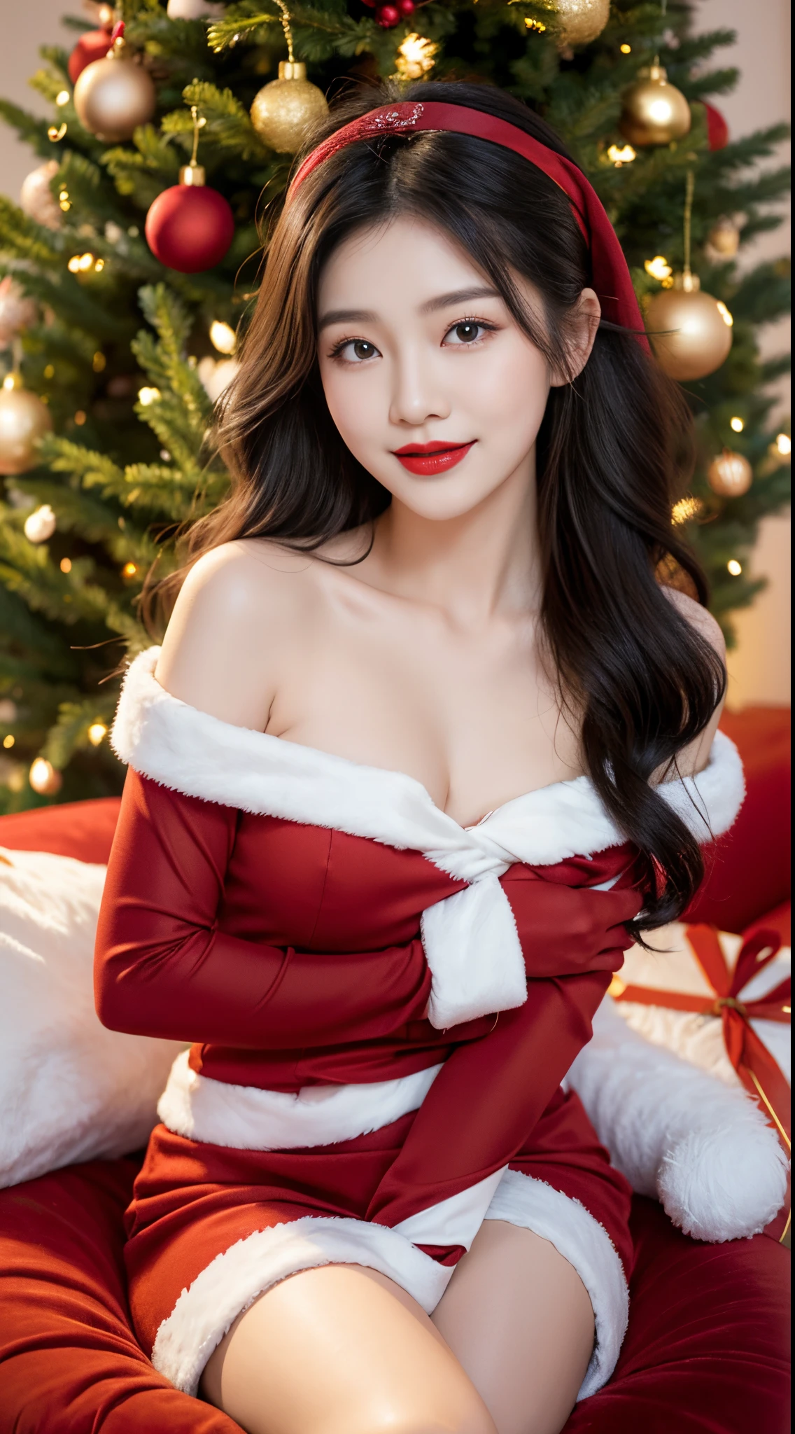 Beautiful Girl, Korean makeup, Red lips, smiling, medium body, medium chest, thigh, trang phục noel, trang trí cảnh quang noel, what's wrong when Santa Claus,