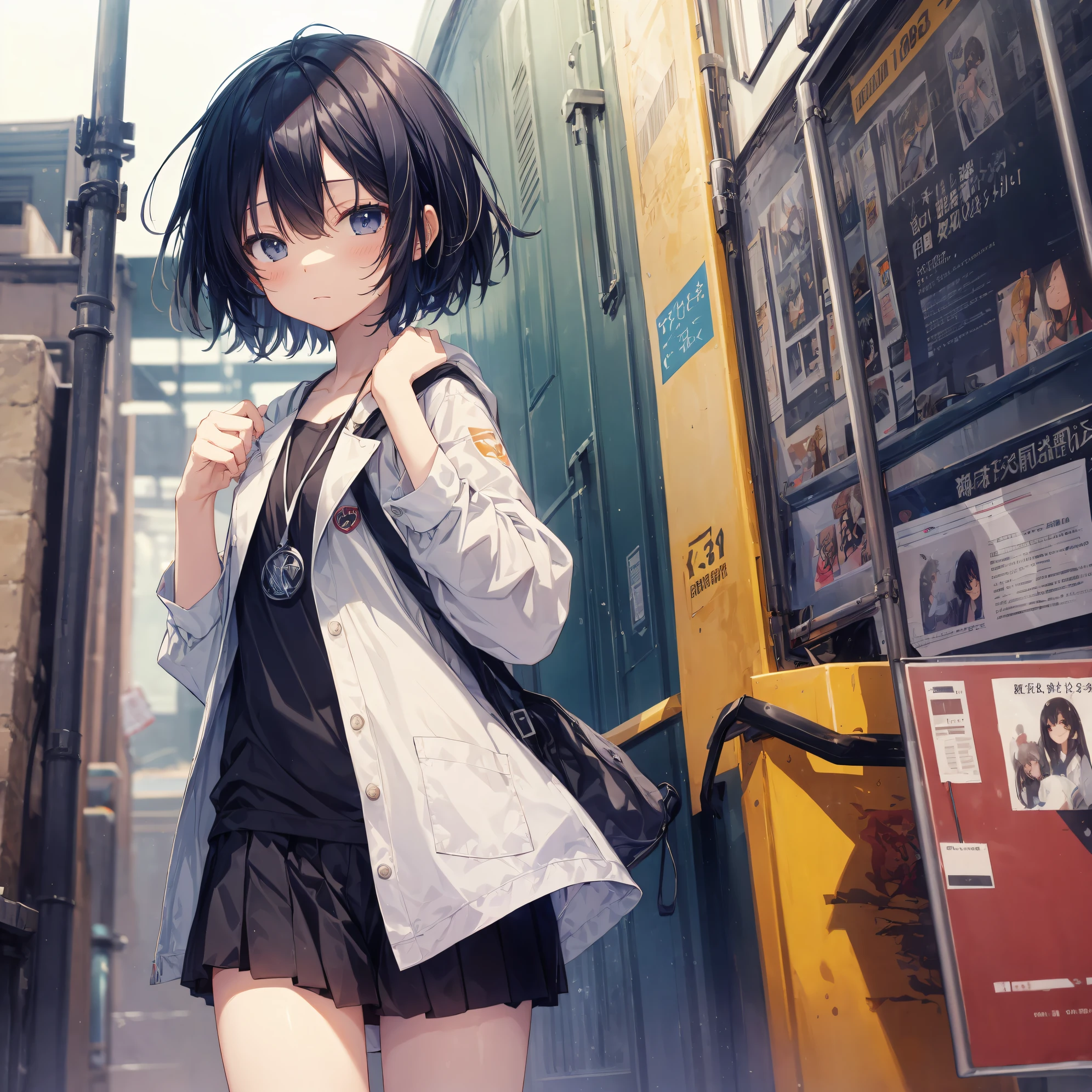 Super high quality by the art god, Ultra-detailed, High resolution, anime moe art style, Best Anime 8K Konachan Wallpapers, Pixiv Contest Winner, Perfect Anatomy, BREAK,(Draw a girl sleepily walking to school. ),BREAK, 1girl in, (Solo,Lori,child,13years:1.3),Full limbs, complete fingers,a junior high school student, Androgynous attraction, (Very short hair), Sleeping hair, hair messy, flat chest, Small butt, groin, Small eyes,Beautiful detailed black eyes, Well-proportioned iris and pupils, disgusted eye,  High resolution detailed hair, School uniform, Skirt, On the way to school. BREAK,super detailed skin, Best lighting by famous artists, 8K, Illustration,