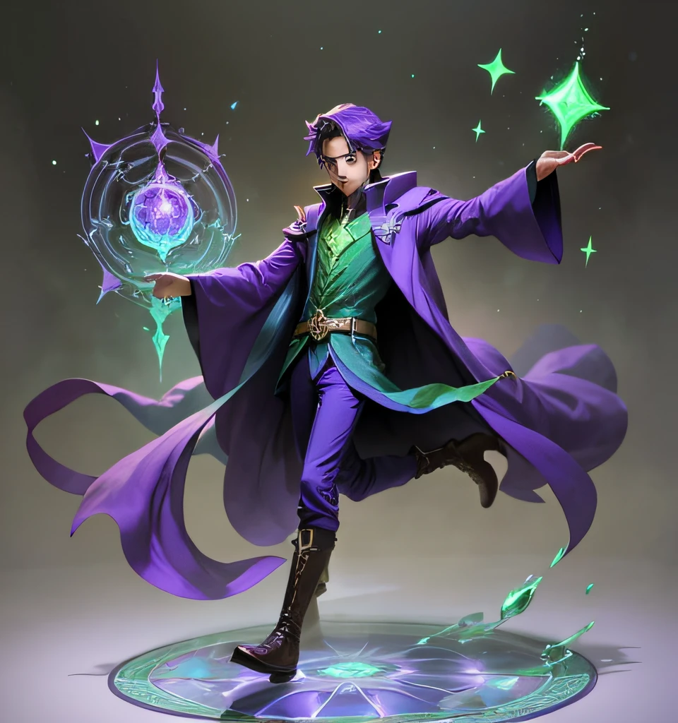 A man in a purple coat holds a green light, skinny male mage, Male magician T-pose, Young shadow mage male, fantasy mage, skinny male fantasy alchemist, male wizard, heise jinyao, mages, the witcher, young wizard, Wearing the robes of a Star Mage, task, Maya Ali Business&D magician