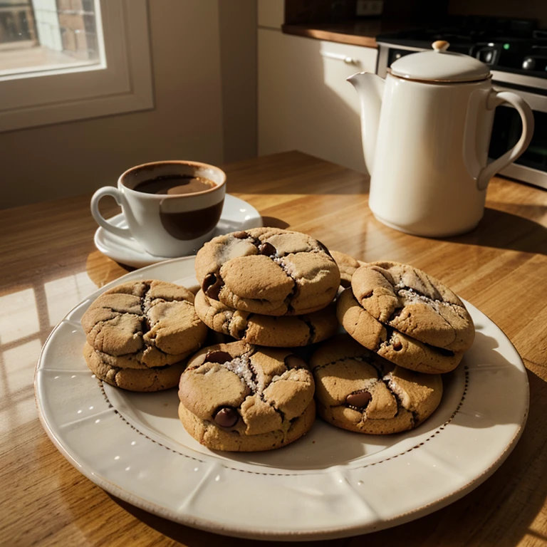 Plate with three big cookies, on table with cup of clay coffee, on the kitchen, photographed with a 35mm HDR ultra realistic macro camera