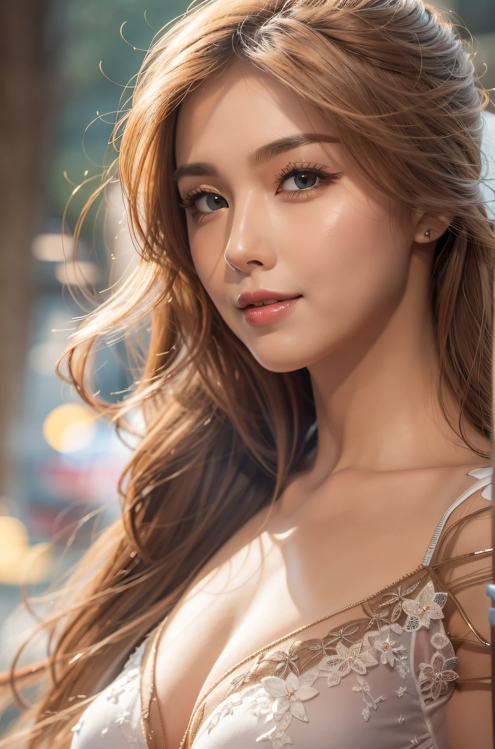 (CG unity (extreme) detail 8k wallpaper, masterpiece, best quality:1.2), 8k, a stunning landscape, surreal, realistic, 1 young girl, beautiful, stunning figure, perfect body beauty, huge breasts, beautiful breasts, stylish, white lace dress, camera angle, shoulder length brown hair hair, slim waist, very detailed facial and skin structure, glittery eyes, soulful eyes, pretty eyes, Hazel eyes, Double eyelids, Fair skin, harmonious facial details, cleavage, fair skin, bright smile, light background