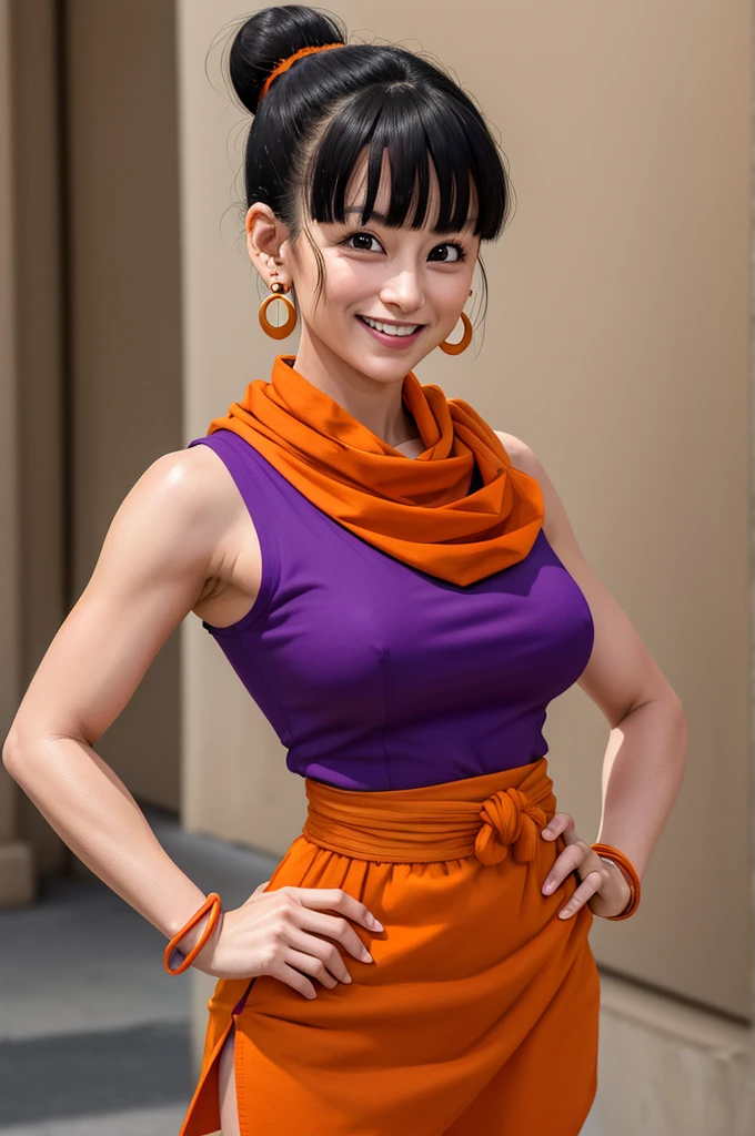 masterpiece, best quality, highres, dragon ball, bbchichi, single hair bun, hair bun, blunt bangs, sidelocks, black eyes,  earrings, orange neckerchief, orange scarf, purple dress, sleeveless, bracelet, grin, hand on hip, smile, outdoors, street,